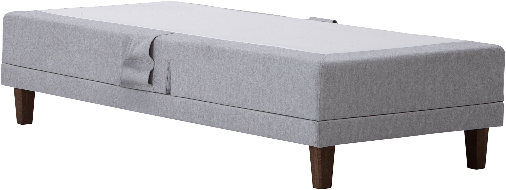 Side view of the Moon Bronze motorized bed highlighting the durable fabric upholstery and sturdy wooden frame
