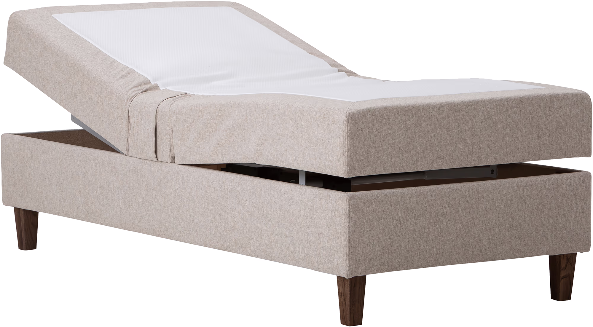 Moon Gold motorized bed in Primo 05 beige fabric, displaying a modern pocket 7-zone spring system with smoked ash cone legs of 15cm height