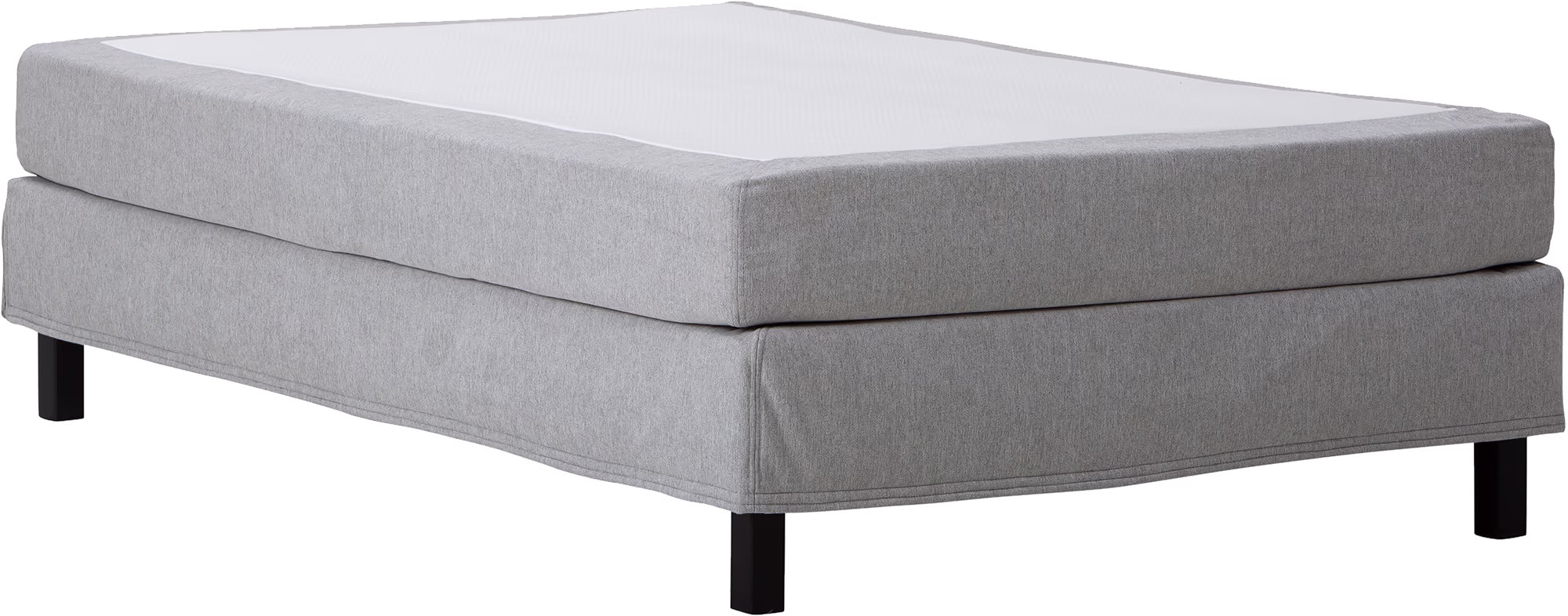 Close-up of Moon Bronze continental bed corner highlighting the light gray Primo 84 fabric texture and sleek black square legs