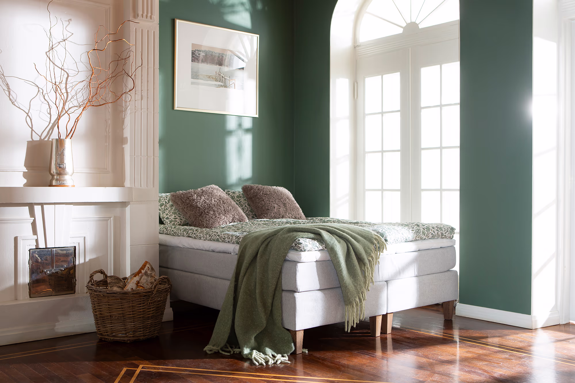 Close-up of the high-density pocket spring mattress and smooth Primo 84 light grey fabric upholstery on the Moon Silver continental bed