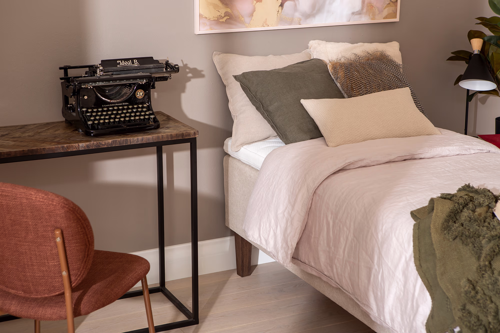 Top view of Moon Gold divan bed highlighting the pocket 7-zone spring system inside the mattress core providing ergonomic support.