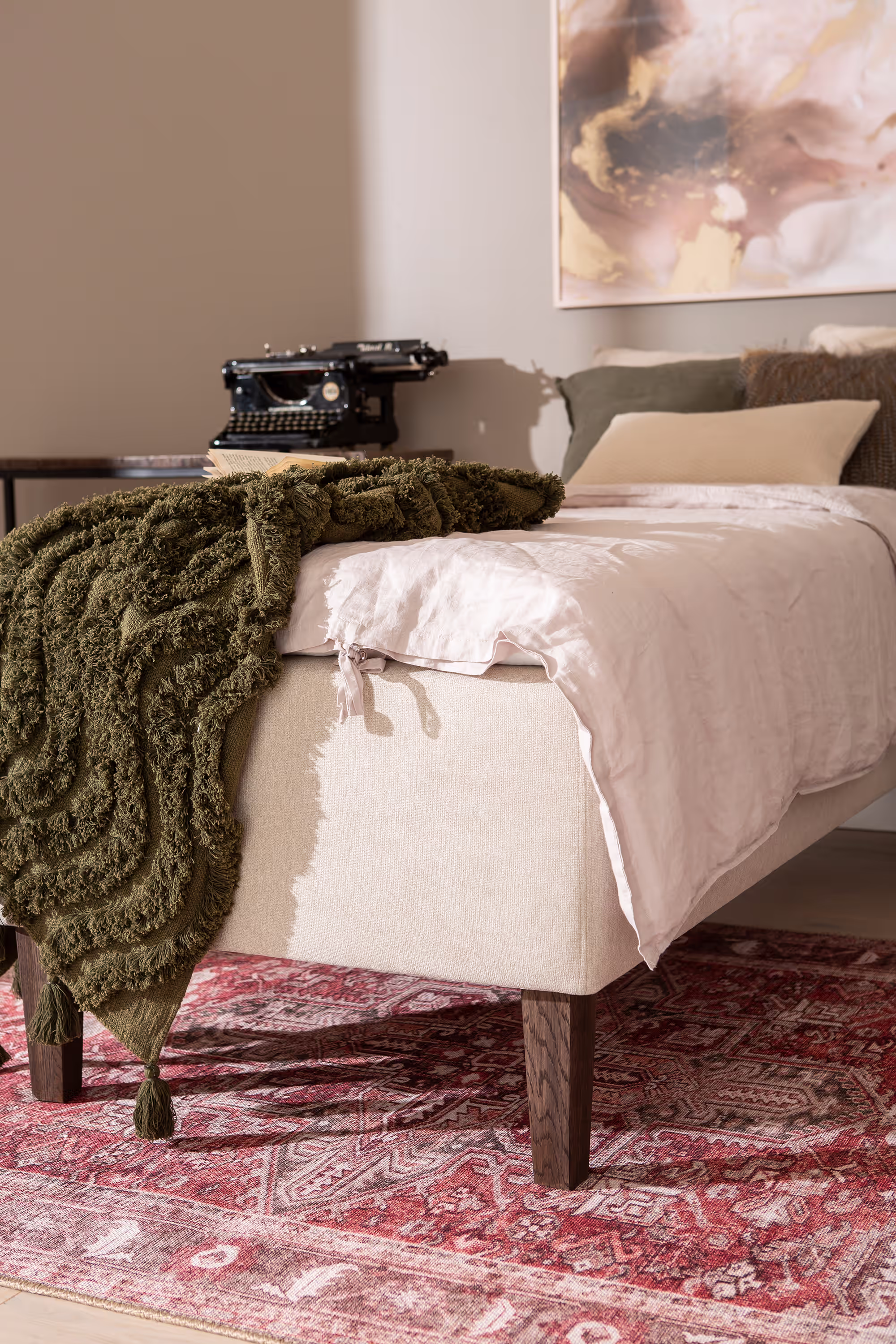 Studio shot of Moon Gold divan bed without mattress topper and headboard, featuring minimalist design for versatile bedroom styling.