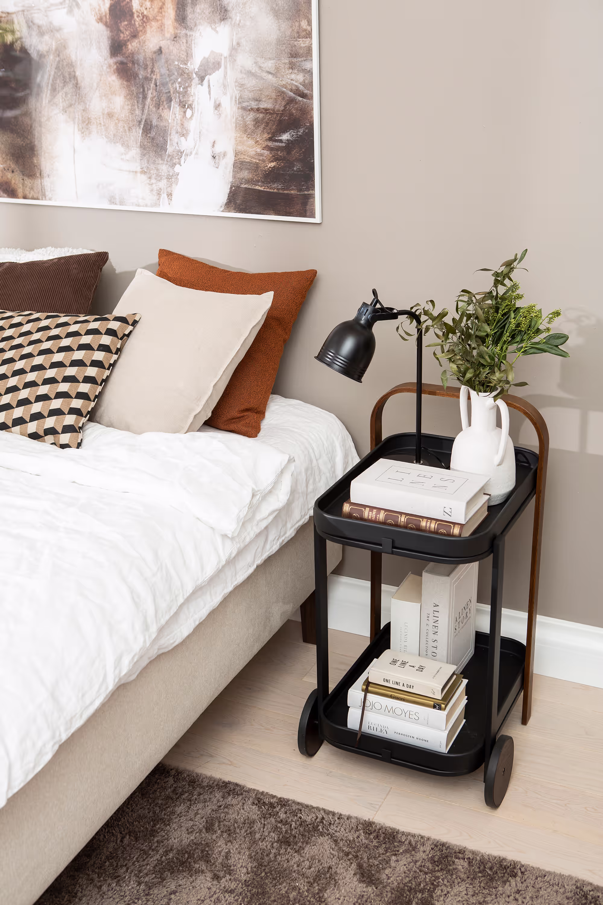Additional bedroom styling ideas featuring the Moon Gold divan bed in beige, paired with neutral and soft furnishing elements.