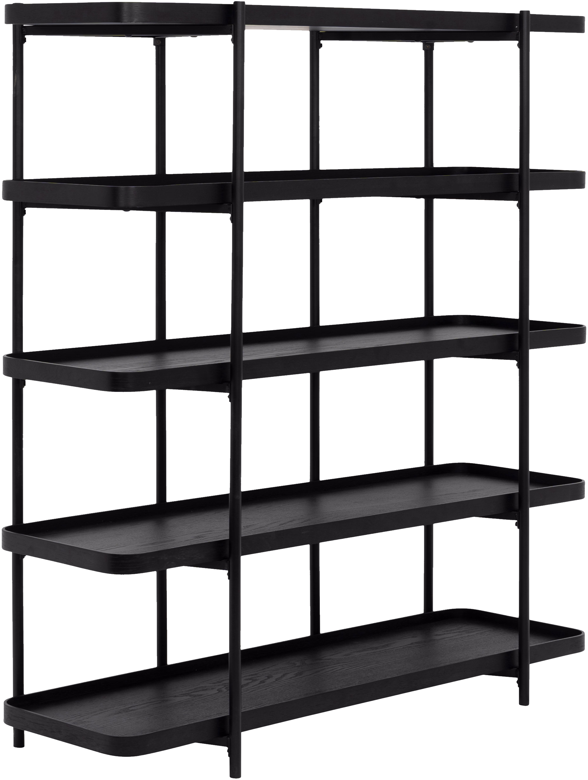 Mystery shelf 150 cm black highlighting spacious shelves made of natural oak and oak veneer.