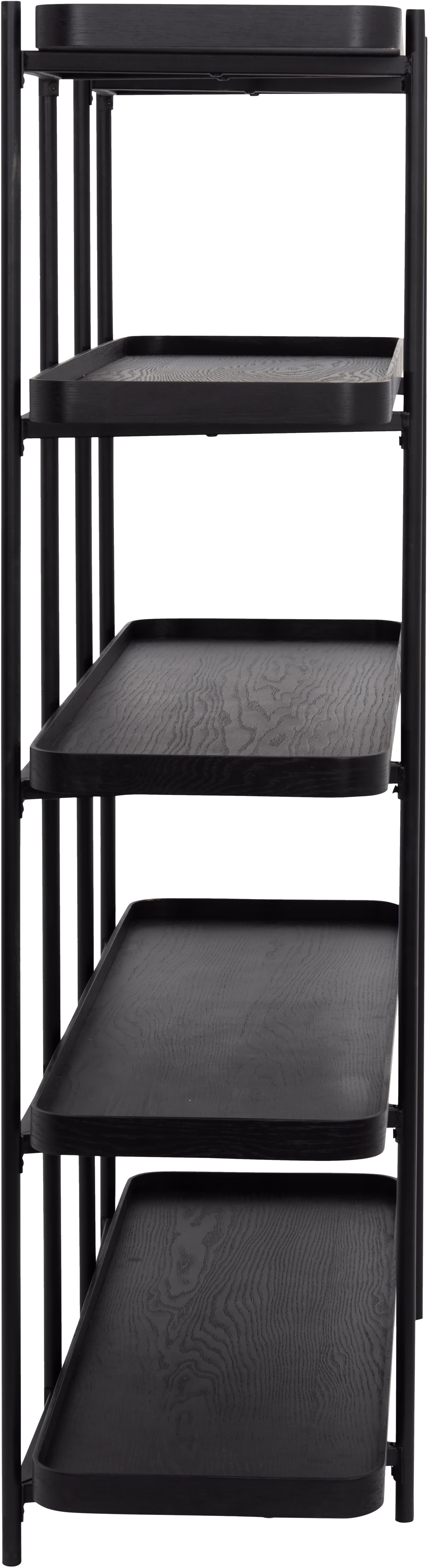 Side angle of the Mystery Shelf 120 cm showing black metal frame and oak veneer shelves