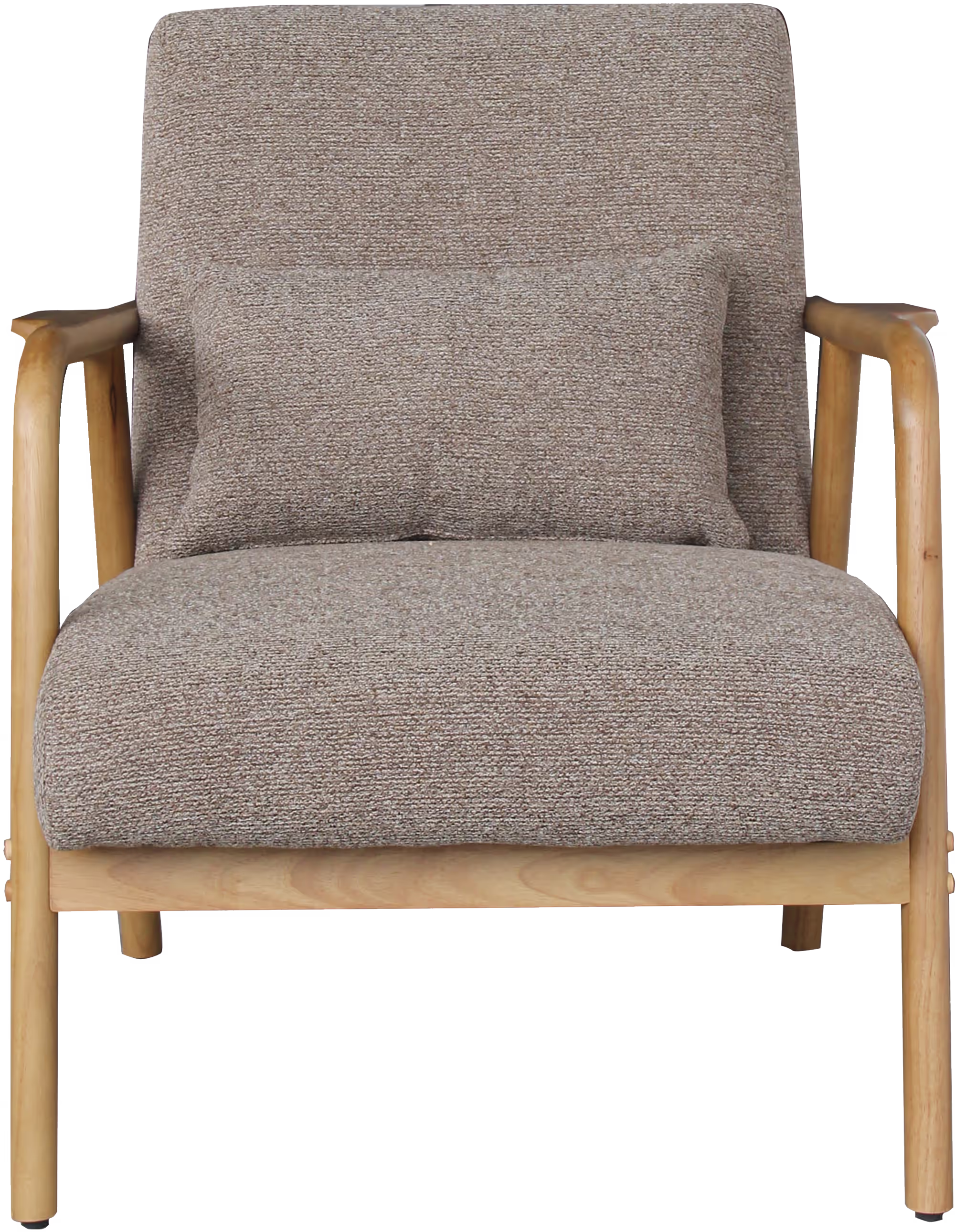 Minimalistic setting featuring Dove armchair with natural frame and brown fabric seat