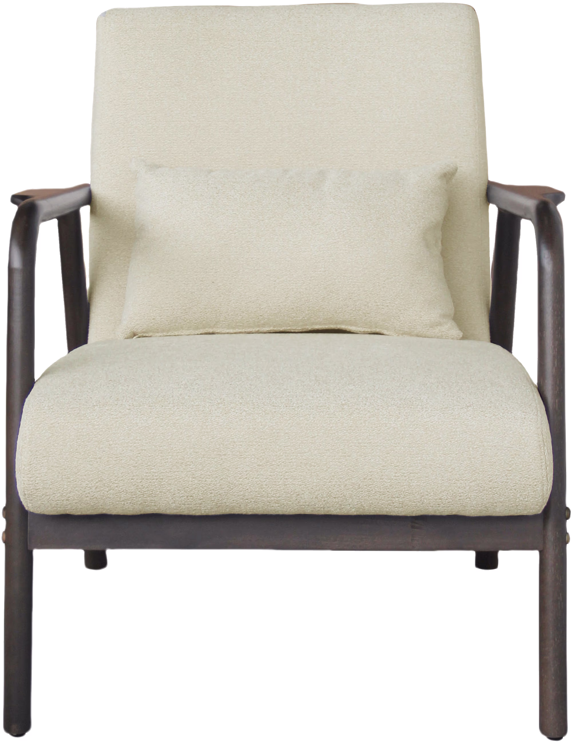 Dove armchair with walnut rubberwood frame and soft beige fabric upholstery, front angle view