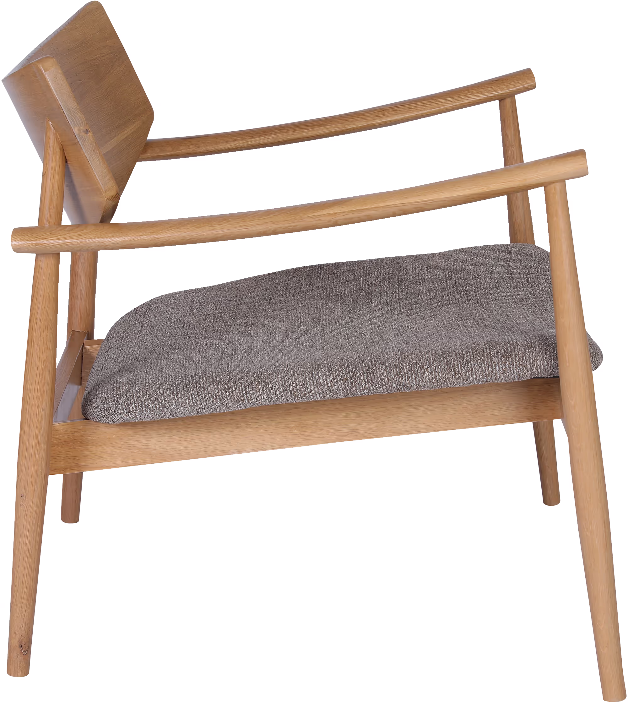 Side view of Eagle armchair showing smooth natural wood finish and textured brown fabric seat