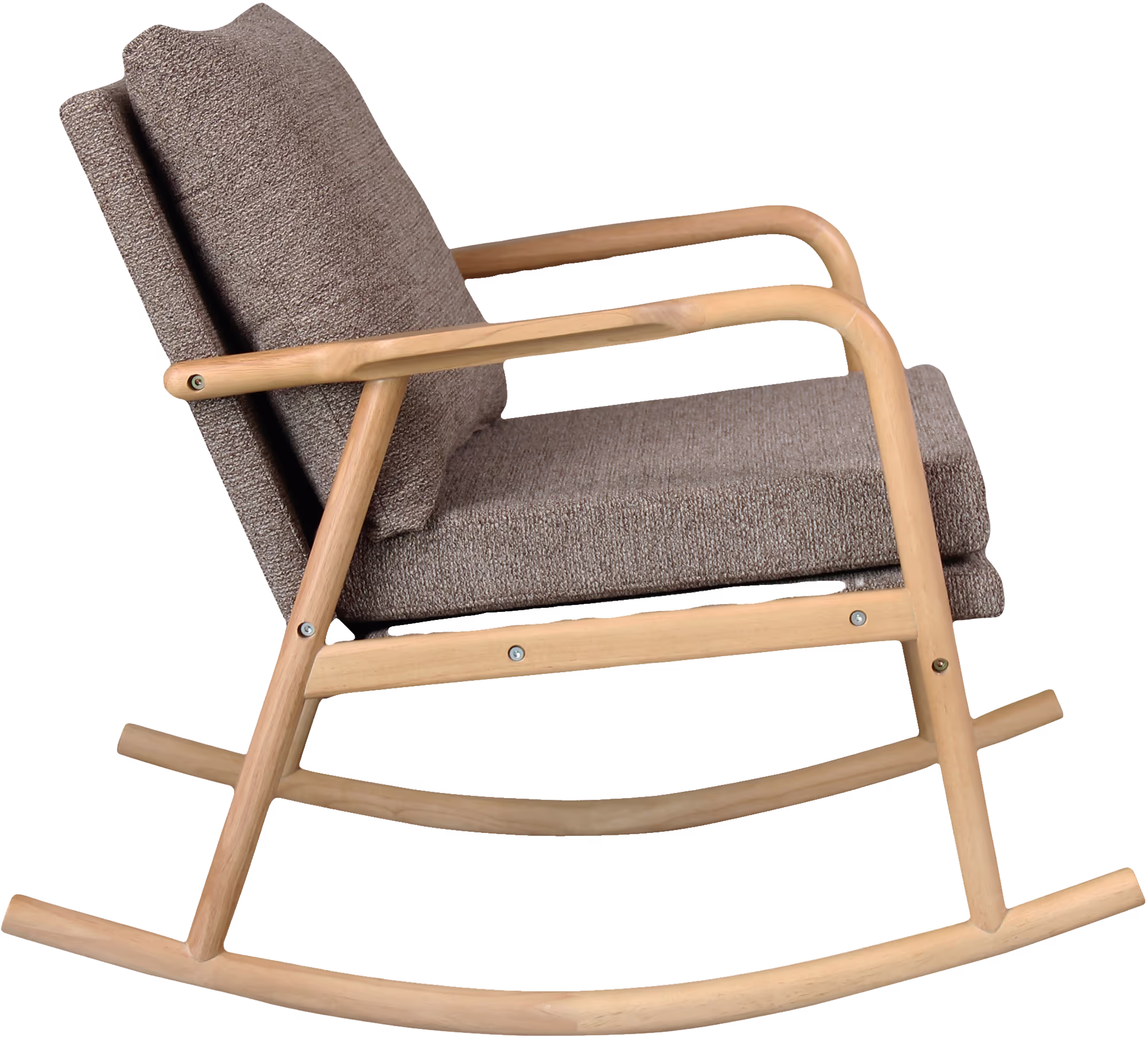 Side view of Swan rocking chair highlighting natural rubberwood curved frame and brown cushioned seat