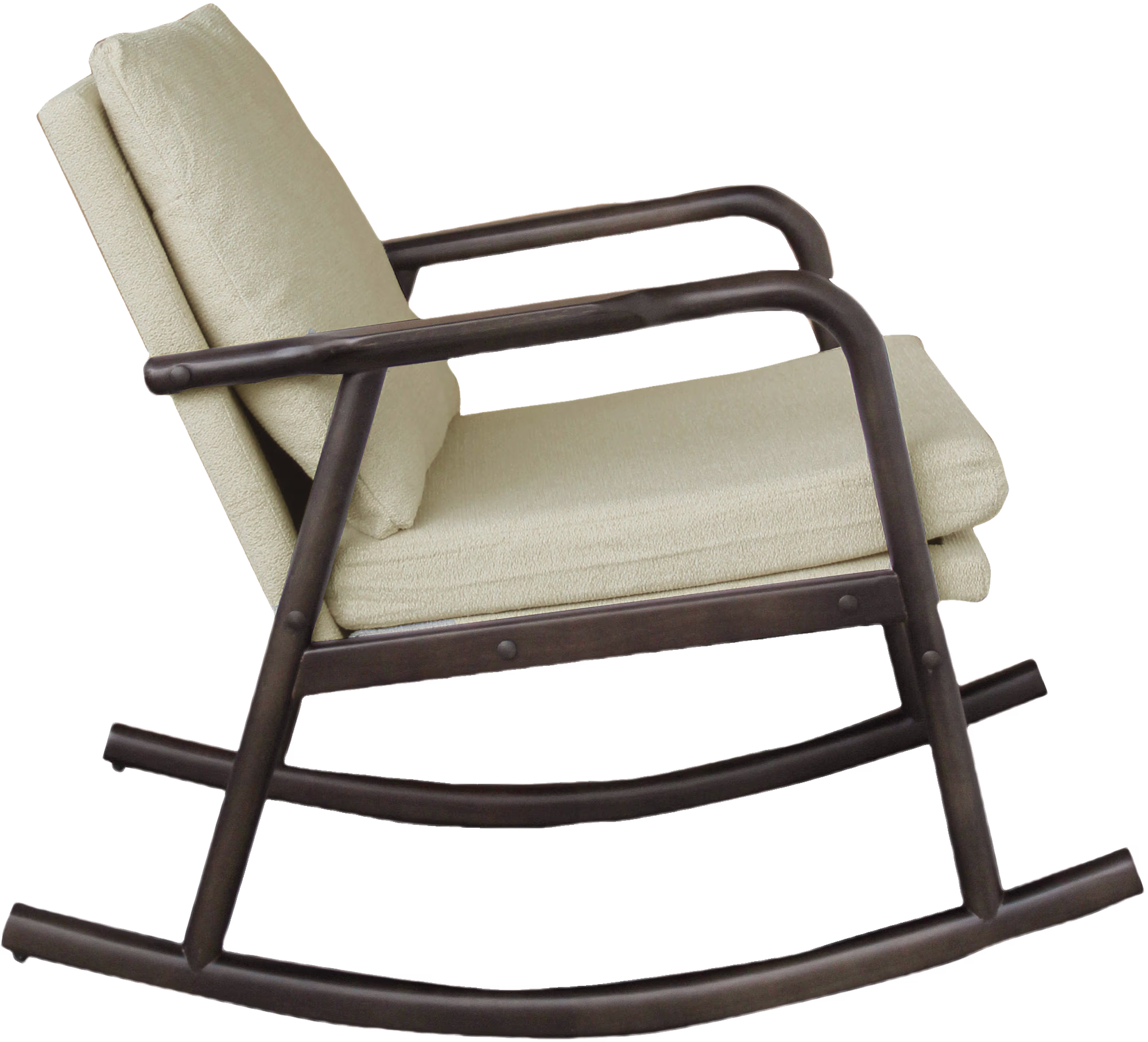Swan rocking chair integrated into a cozy corner with natural light accentuating its beige upholstery.