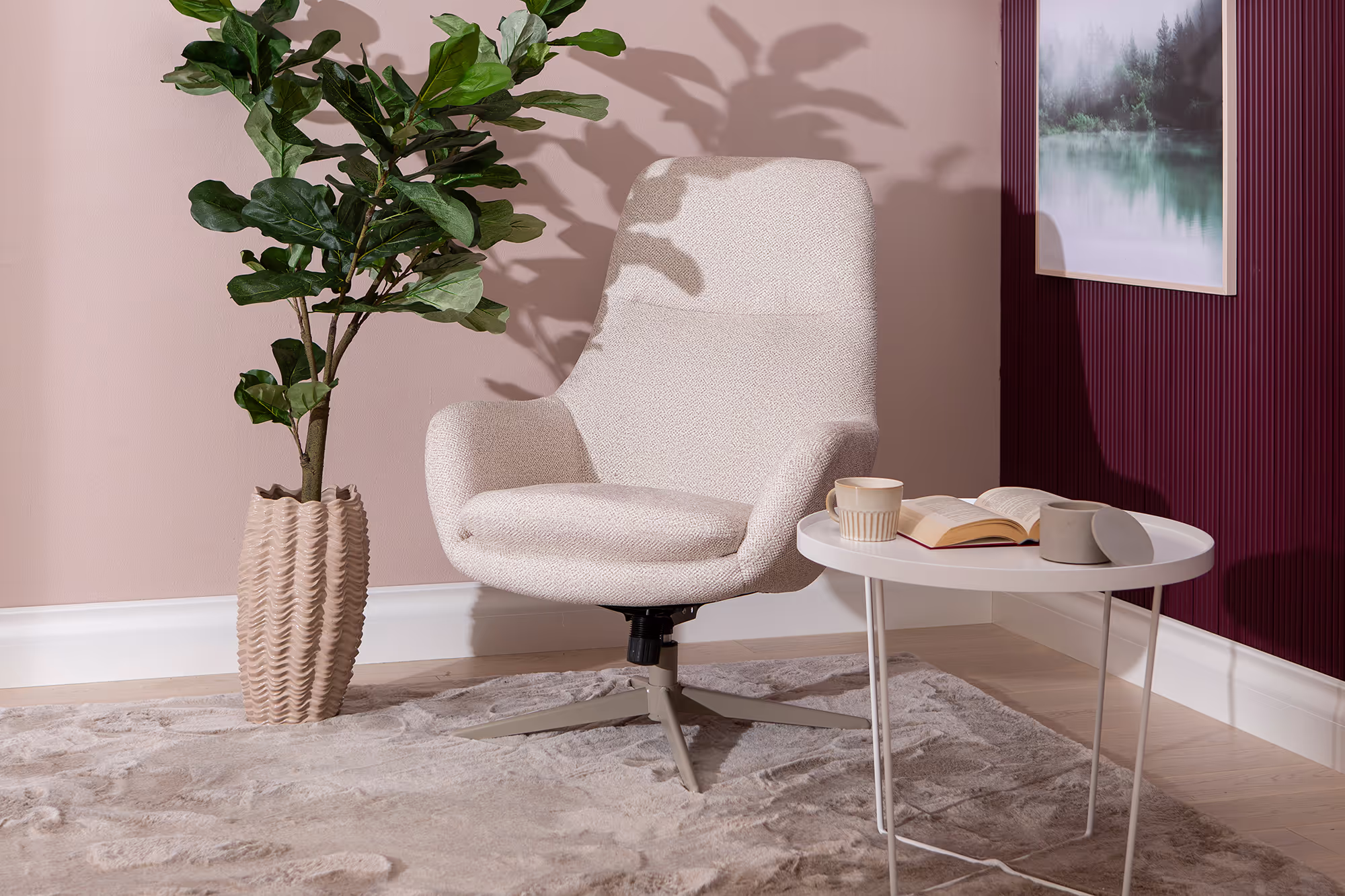Side view of Blow TV chair highlighting smooth fabric upholstery and sturdy latte legs with swivel functionality