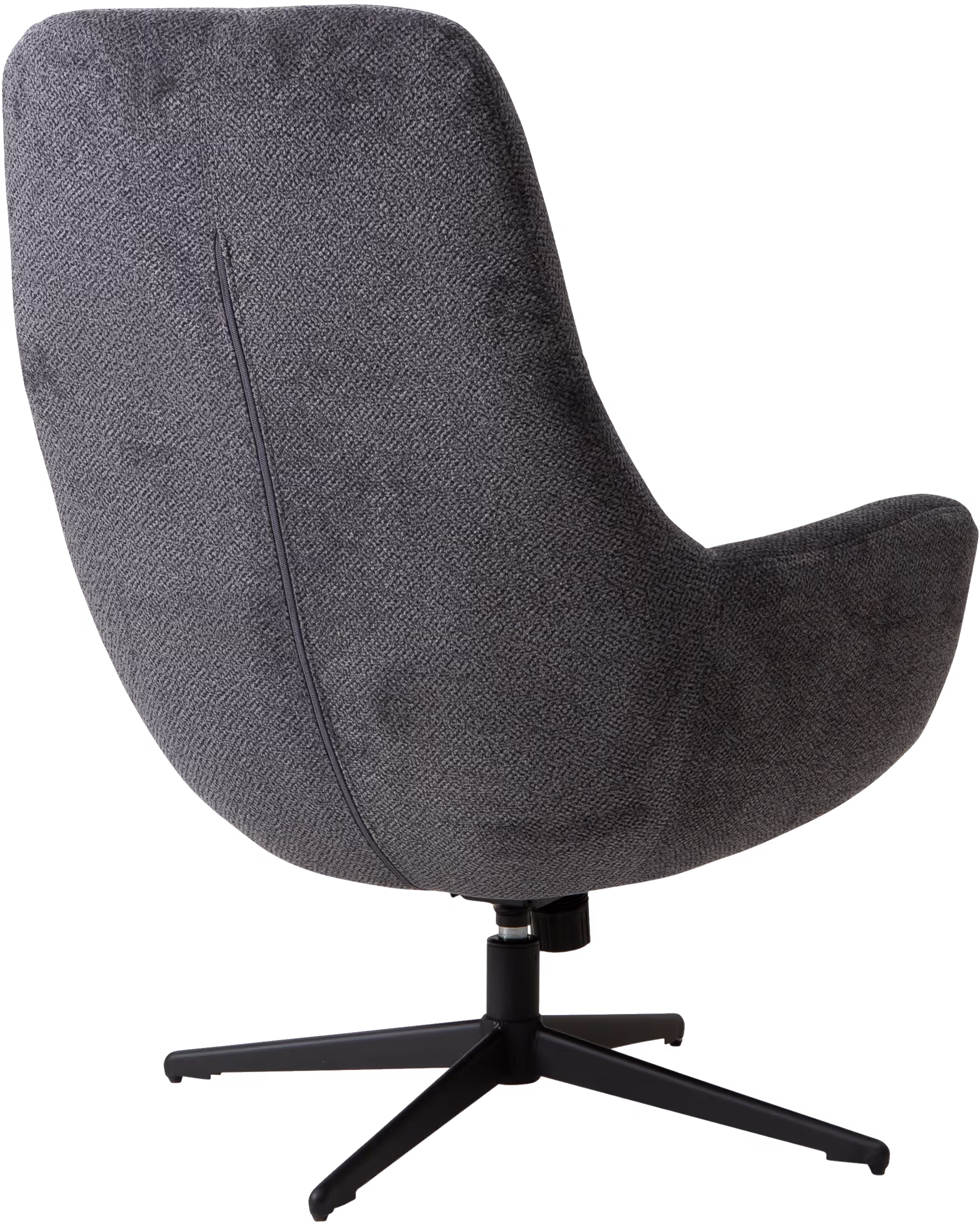 Blow TV chair in dark gray fabric with black round swivel base, side angle showing ergonomic design