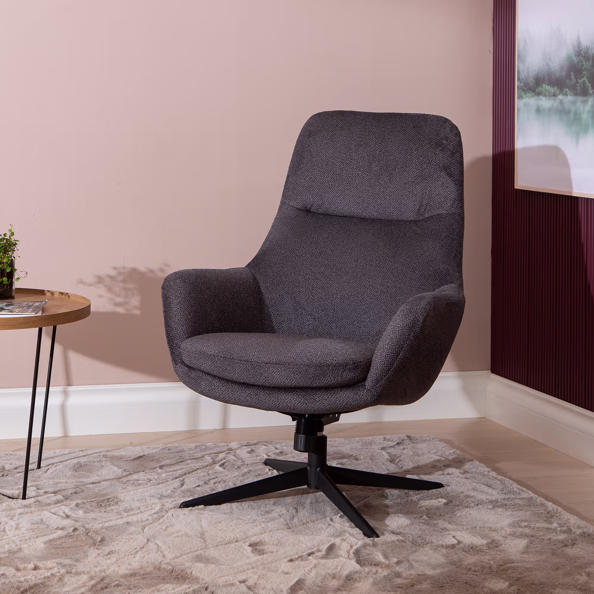 View of the Blow TV chair backrest curved for lumbar support in dark gray fabric