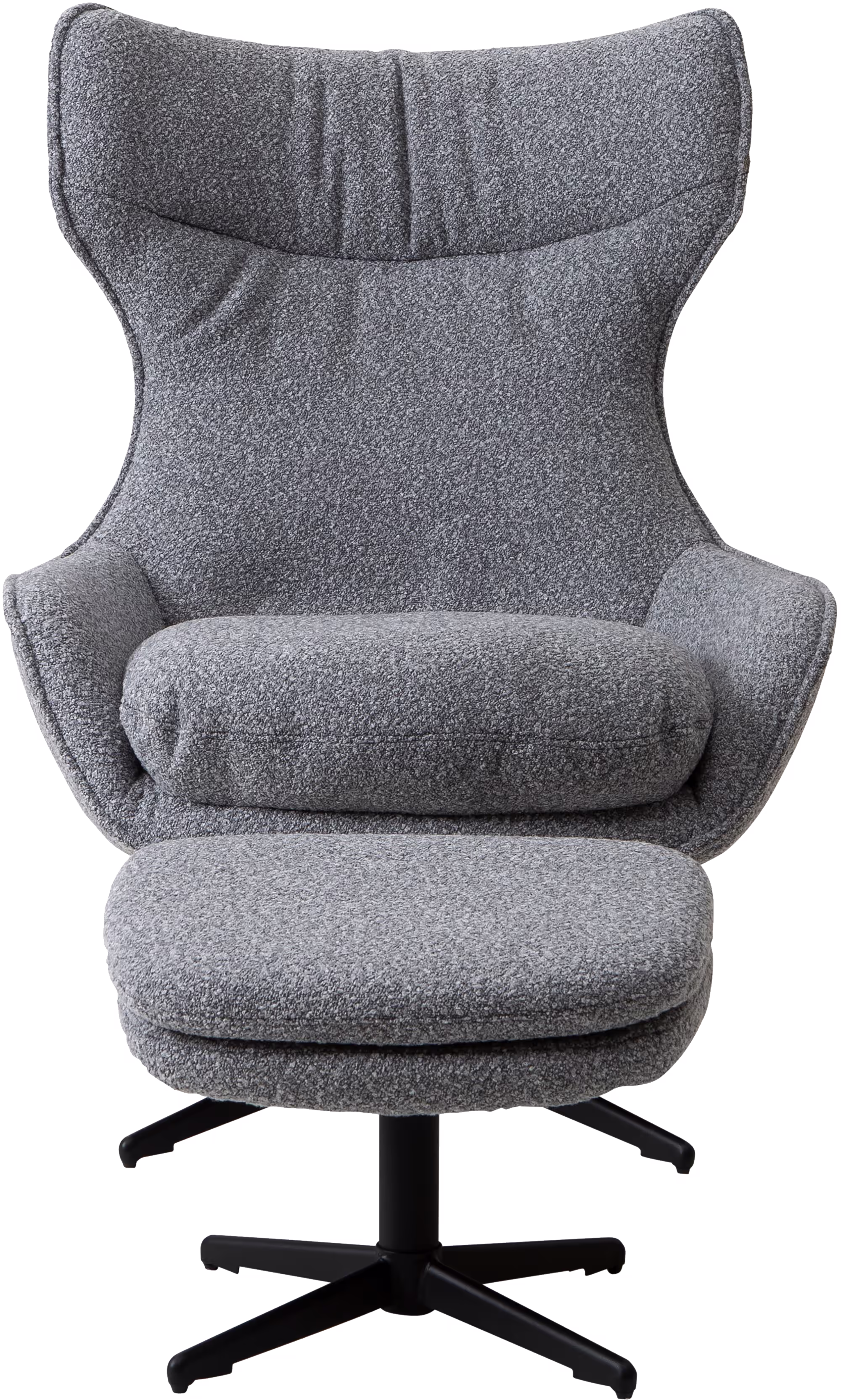 Ottoman matching Breeze TV chair, upholstered in gray fabric with black legs