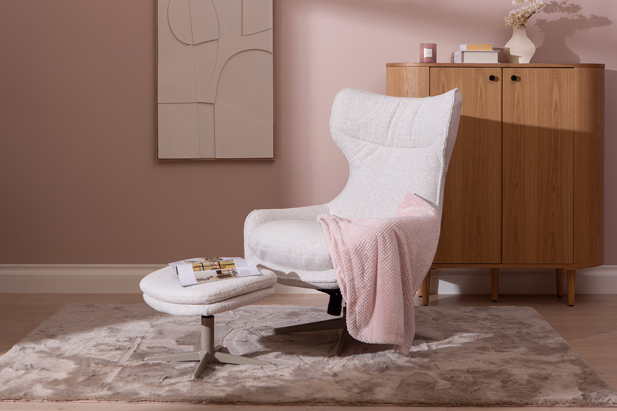 Set of Breeze TV chair and ottoman emphasizing elegant latte leg design and light beige upholstery.