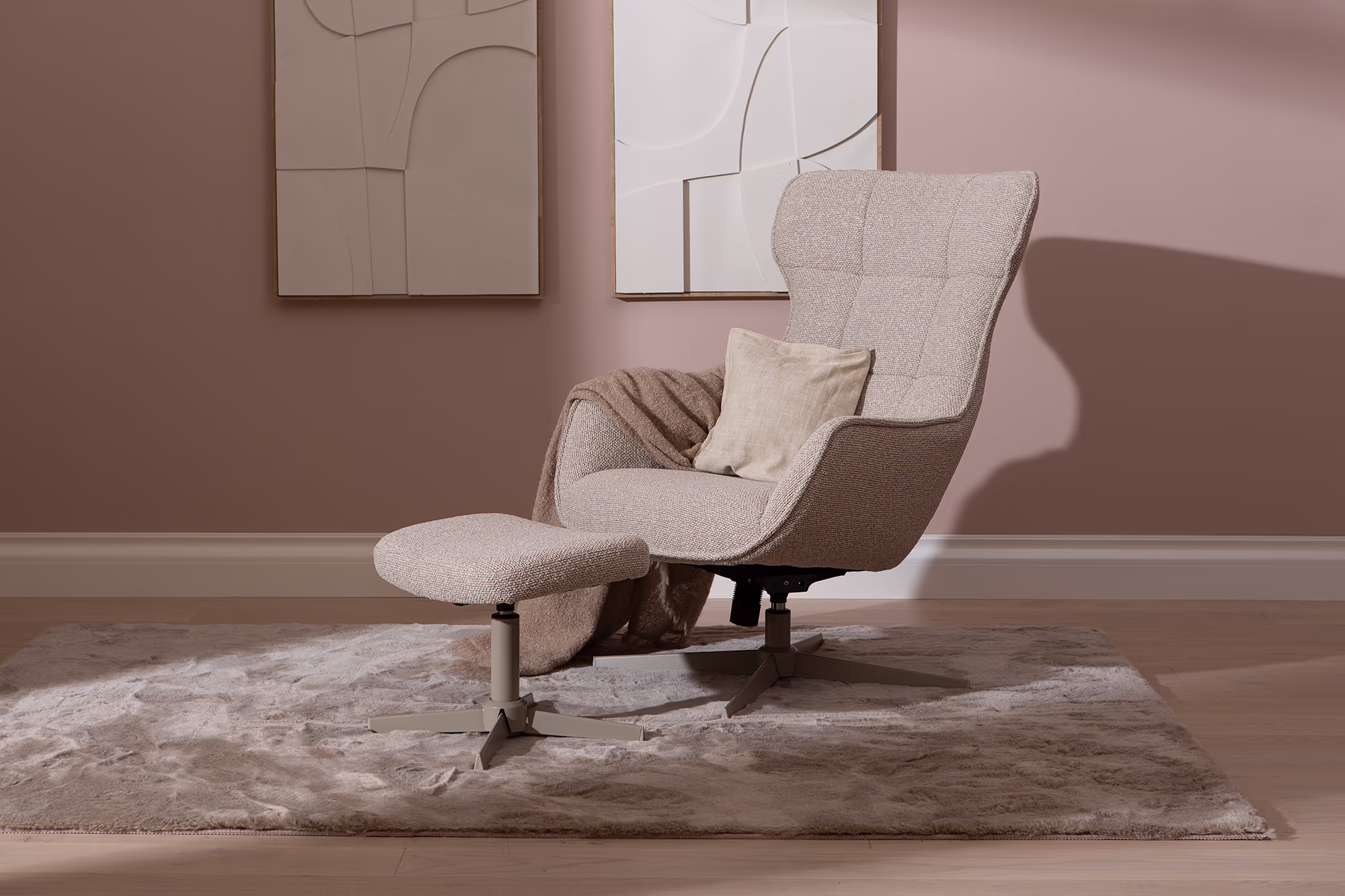 Wind TV chair with ottoman viewed from back, featuring slender latte legs