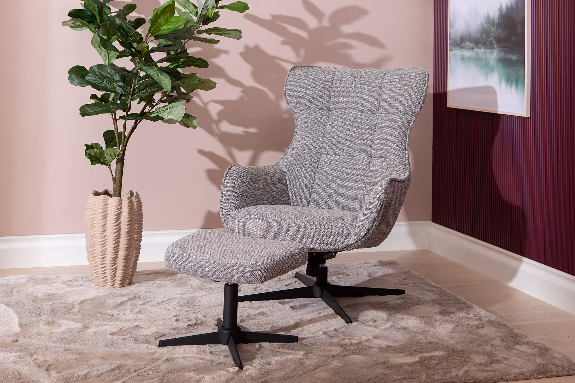 Wind TV chair paired with footstool positioned in cozy Scandinavian styled living room
