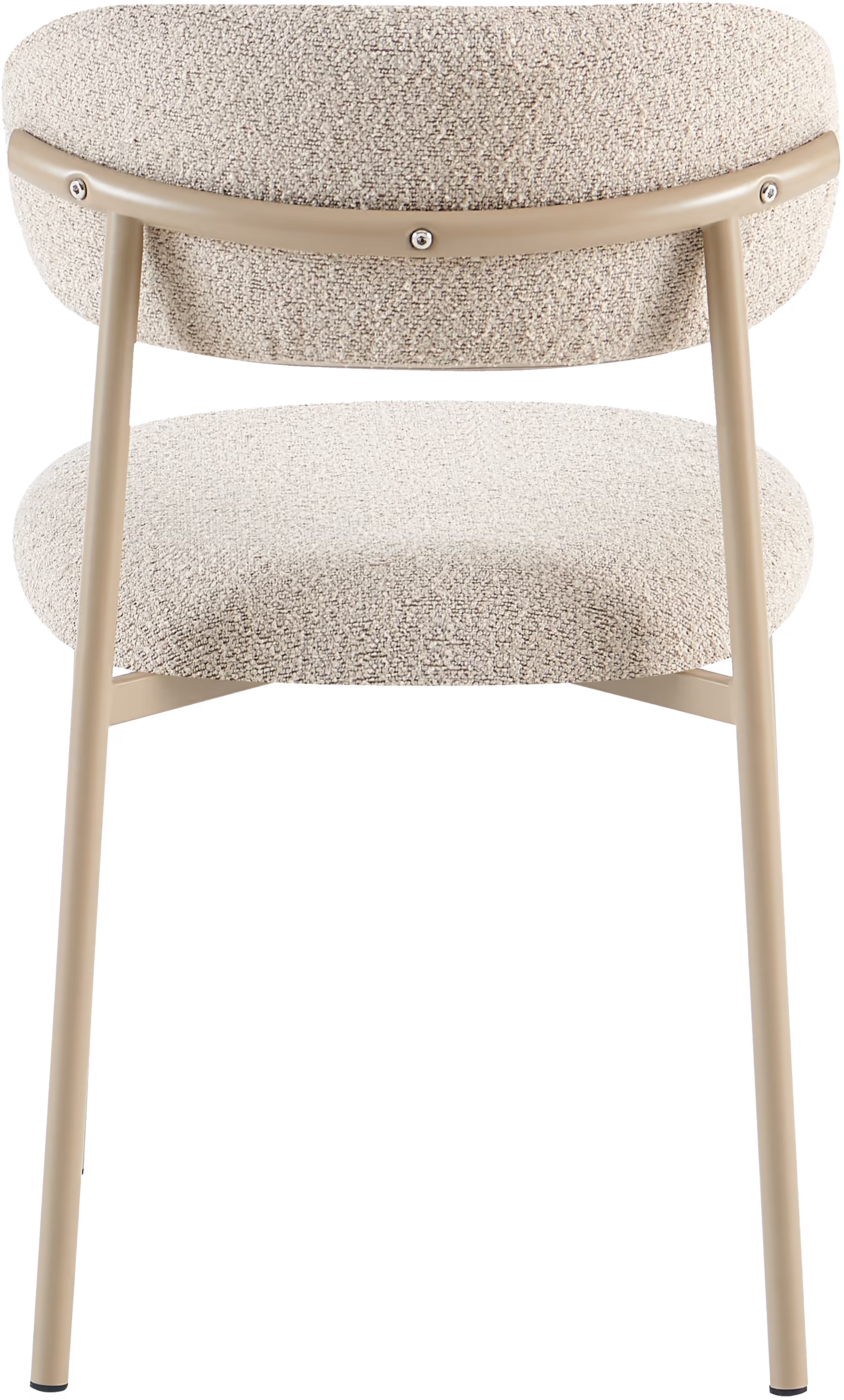 Side profile of Bow dining chair in khaki showing slim metal frame and wooden underside of the seat