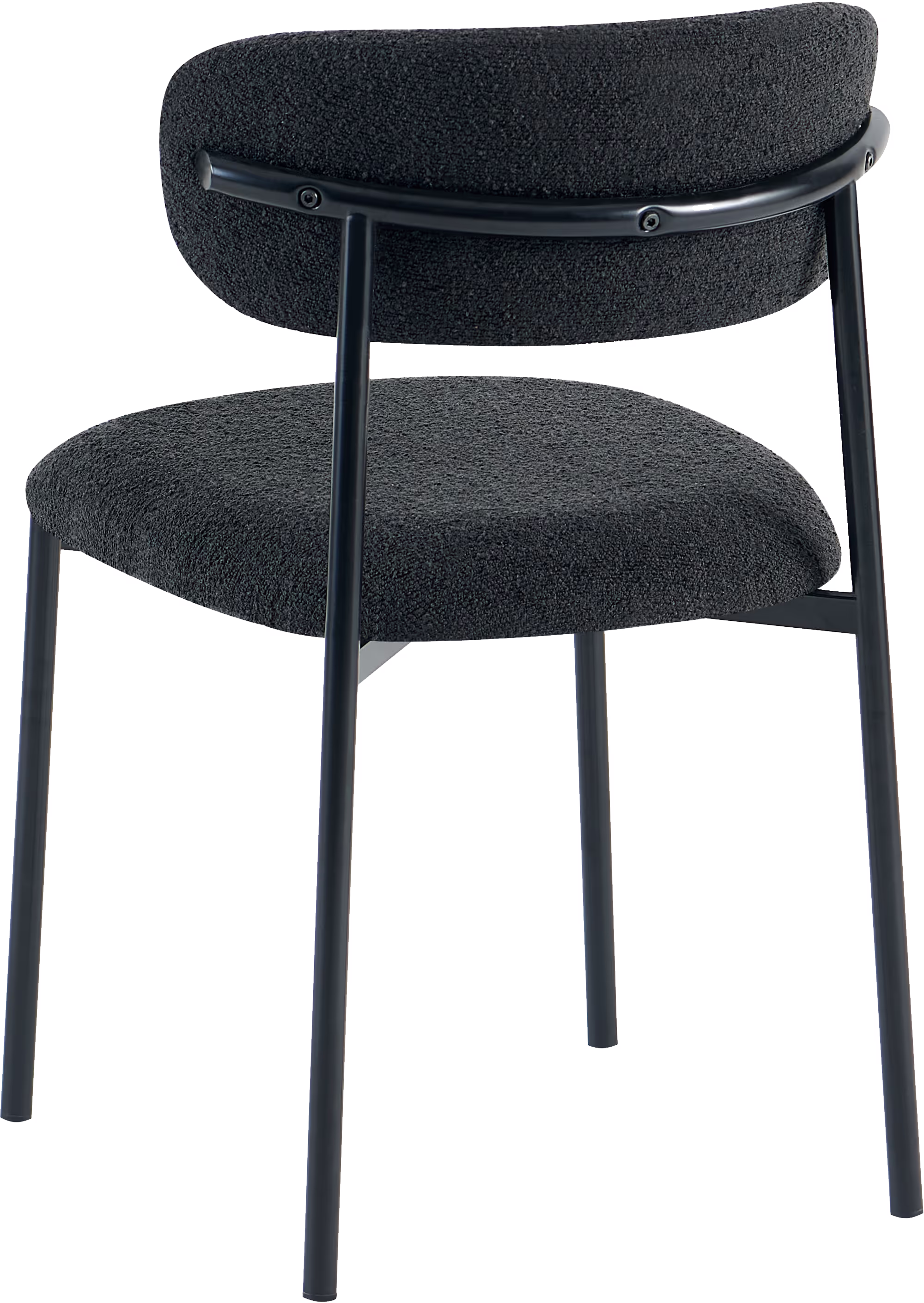Side view of Bow dining chair in black upholstery highlighting the sleek metal frame and cushioned seat