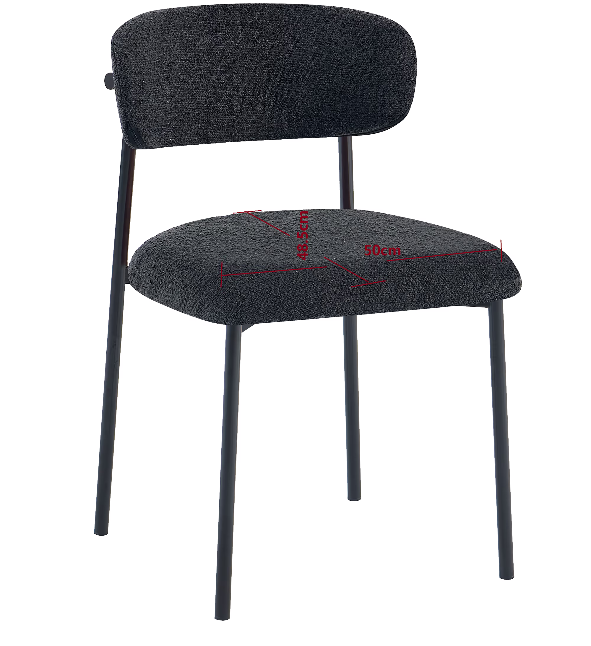 Back view of Bow dining chair showcasing the solid black fabric backrest and metal support structure