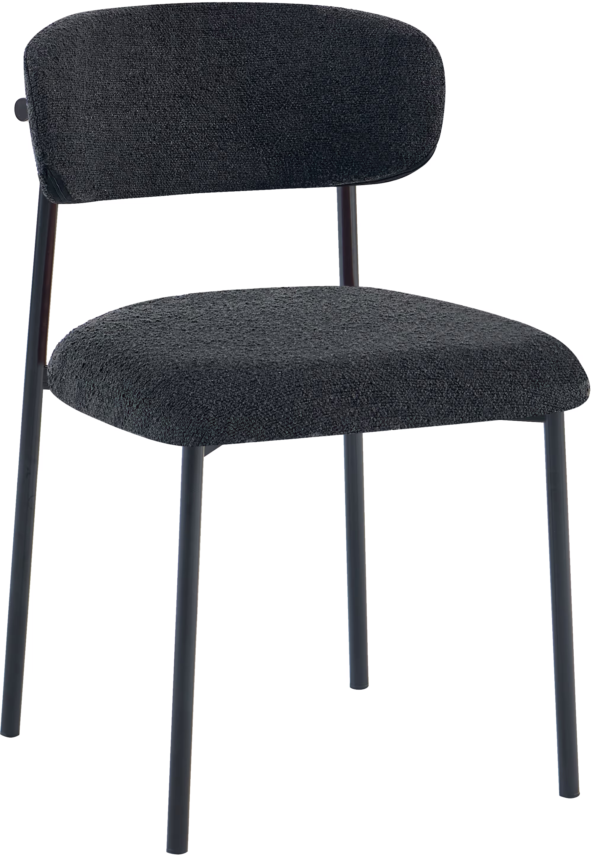 Bow dining chair black from front, demonstrating ergonomic backrest contour and curved seat edge