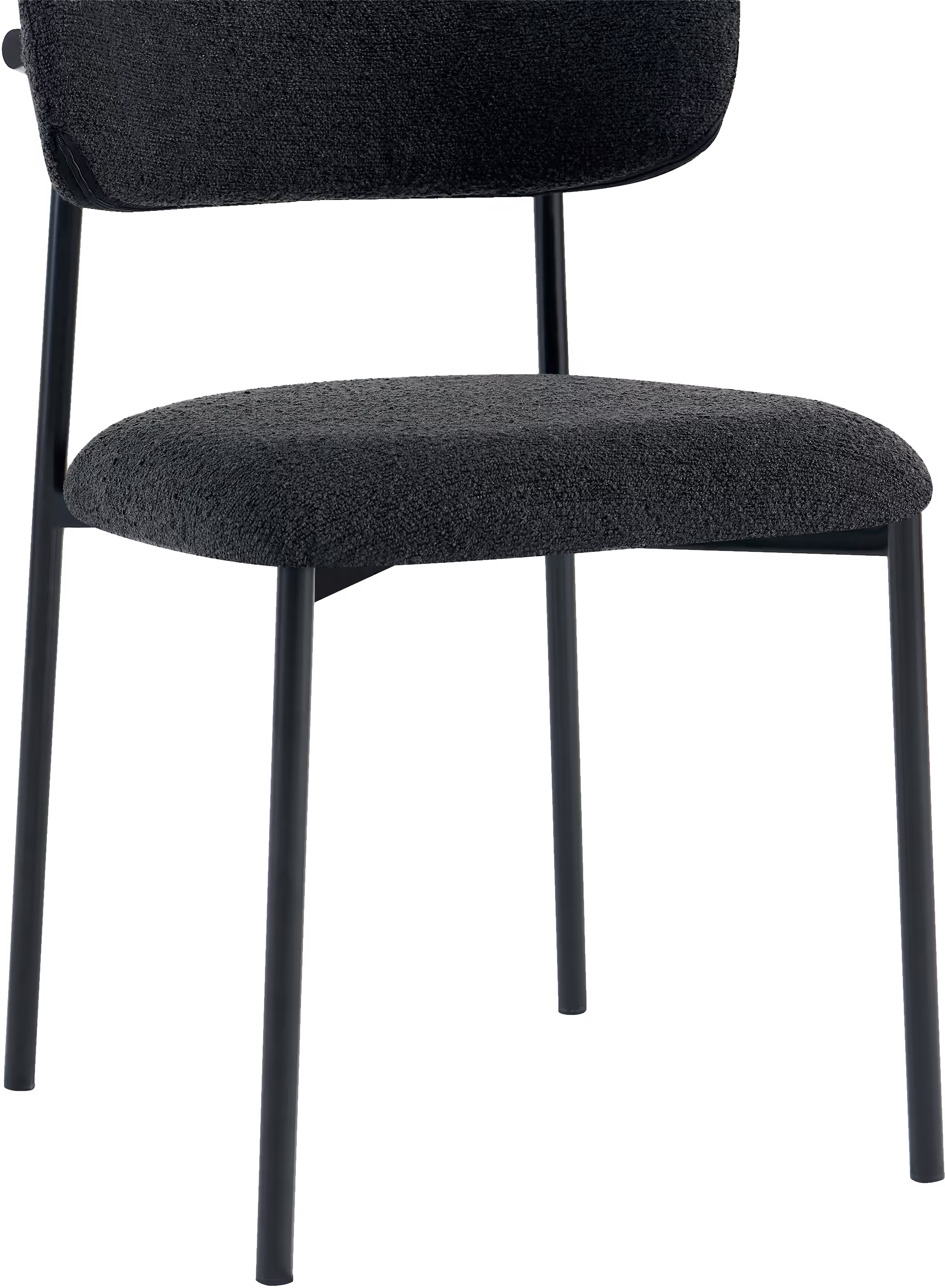 Stacked Bow dining chairs in black, illustrating easy storage and space-saving design