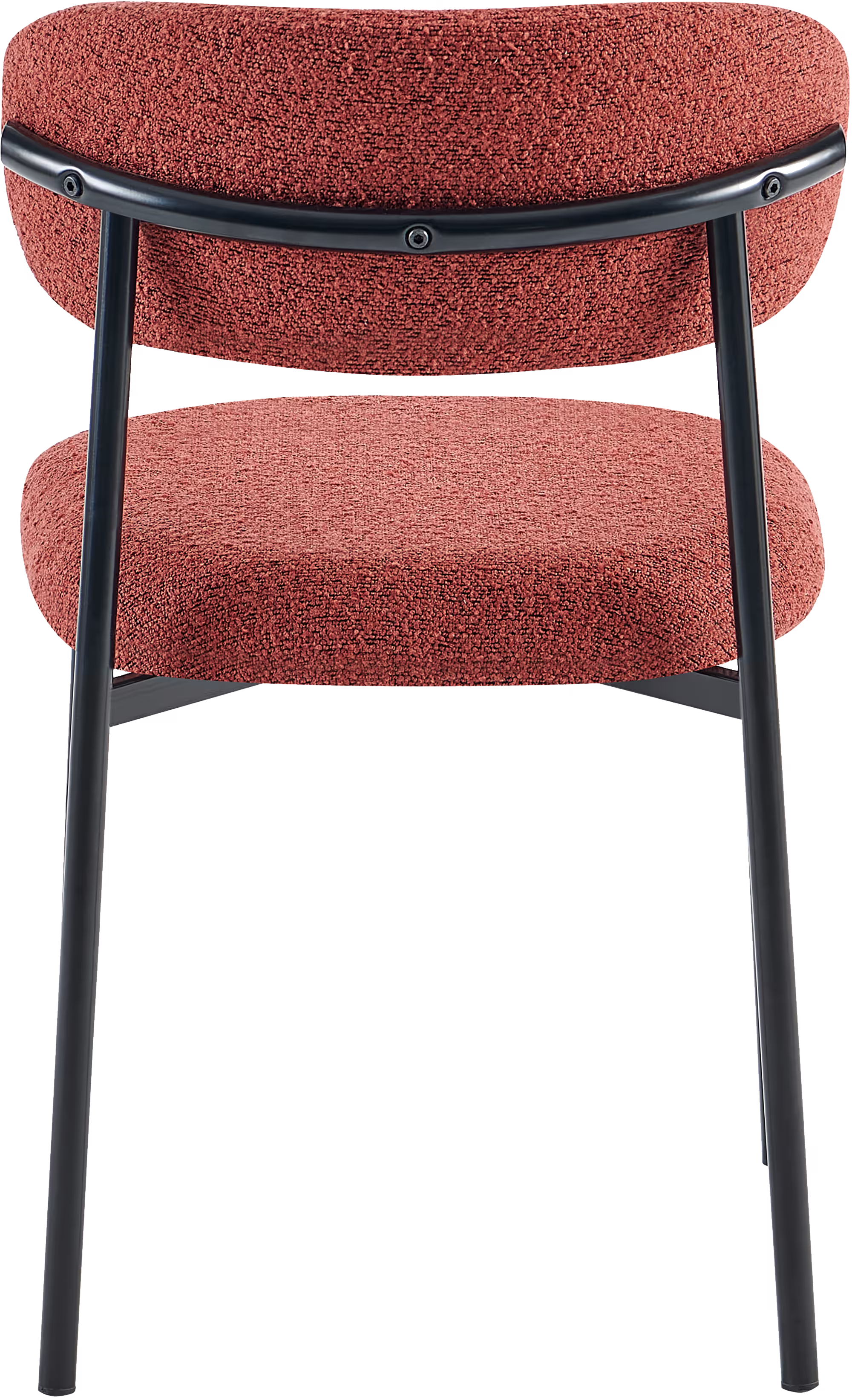 Detail shot of the sturdy metal legs in black finish of the red Bow dining chair.