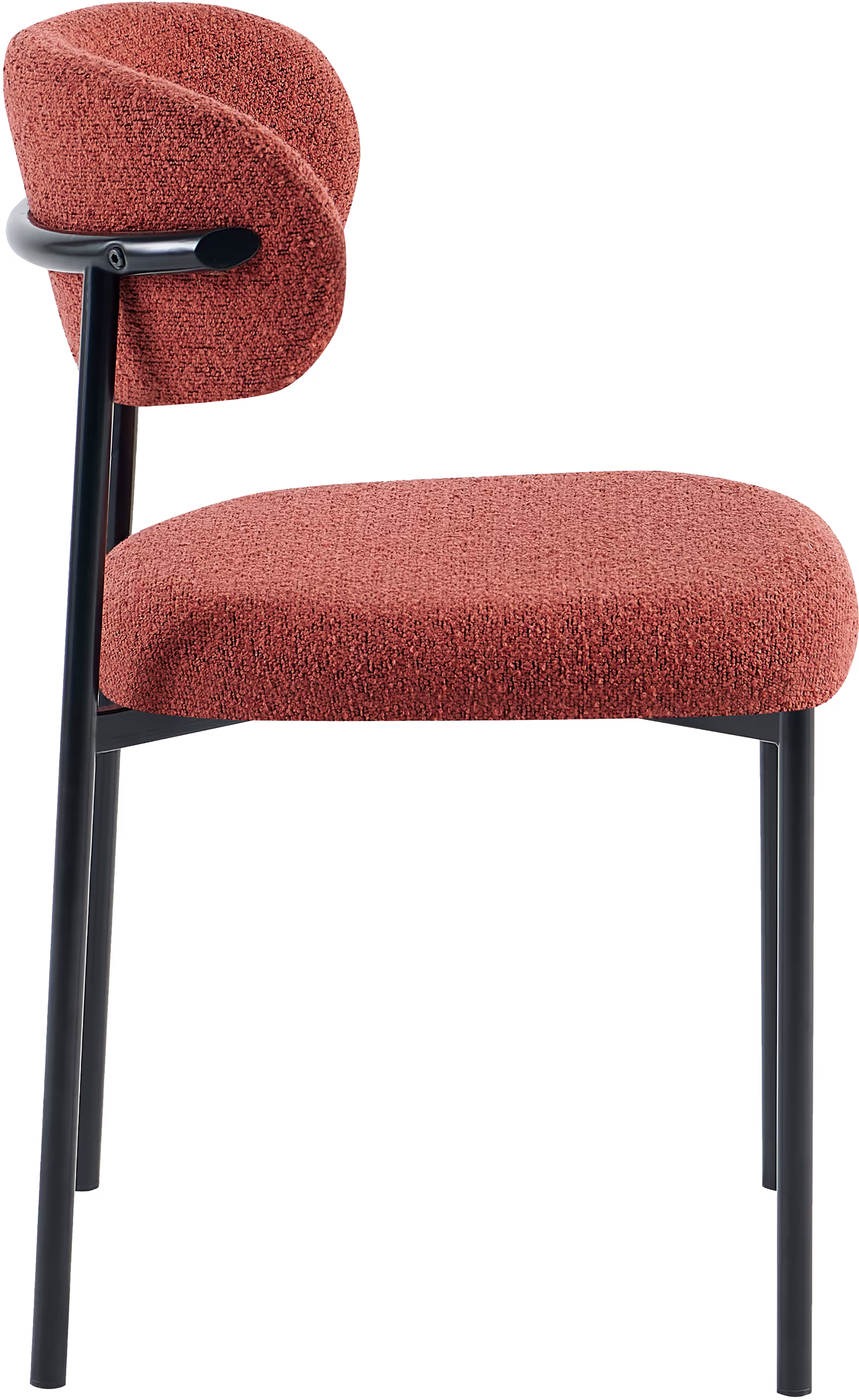 Profile view illustrating the ergonomic curved backrest and seat foam cushioning of the Bow dining chair in red.