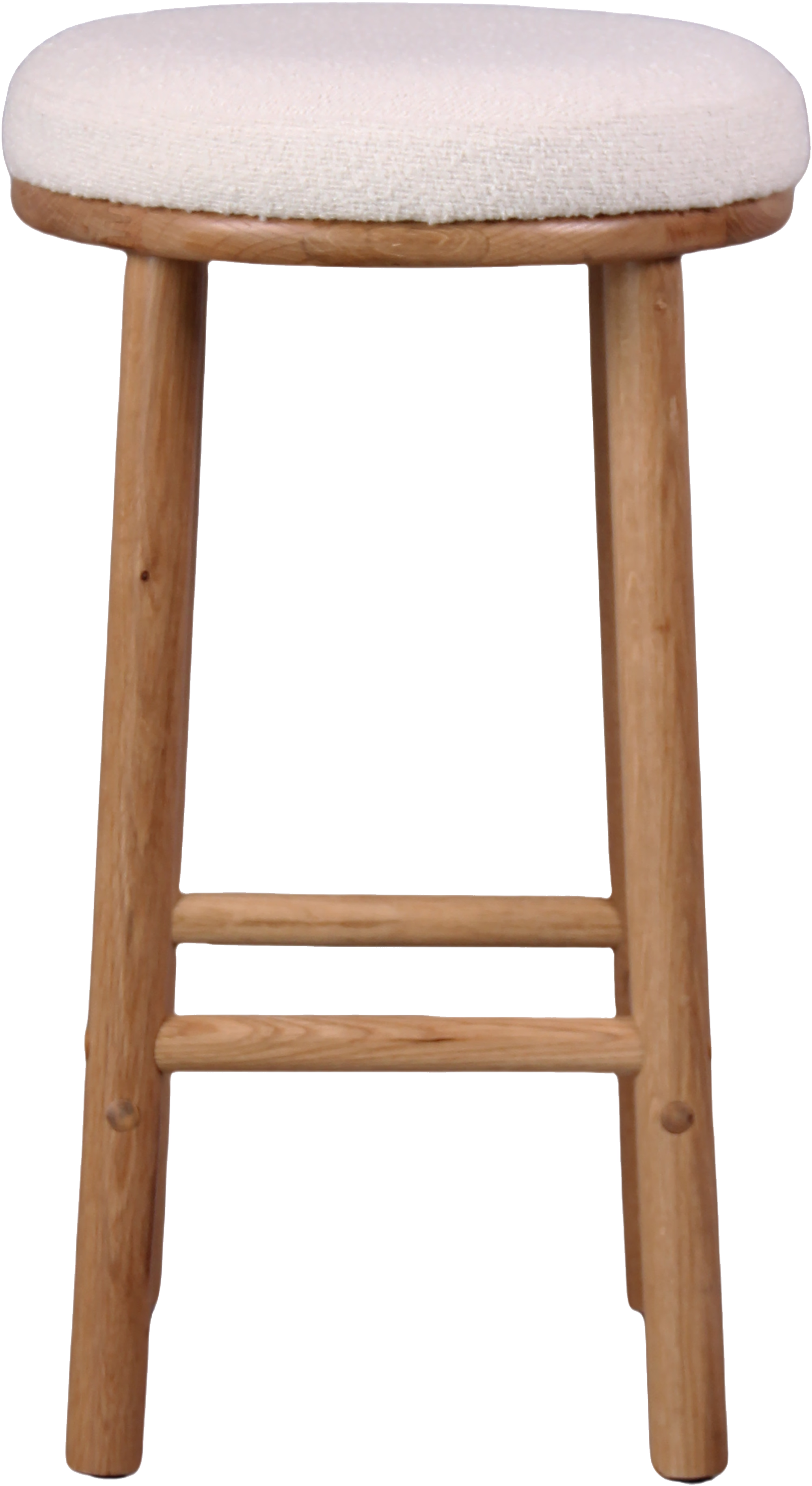 Side angle of Merida bar stool highlighting the comfort and simple modern design of the natural white teddy seat and sturdy natural oak legs