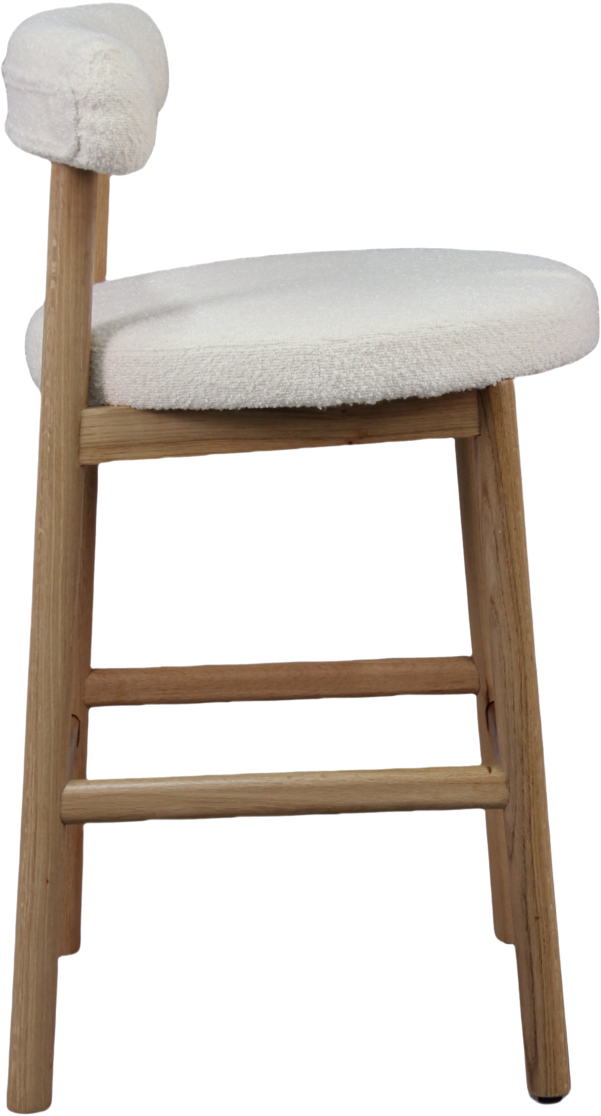 Side view of Merida bar stool showing solid oak backrest and white soft teddy seat
