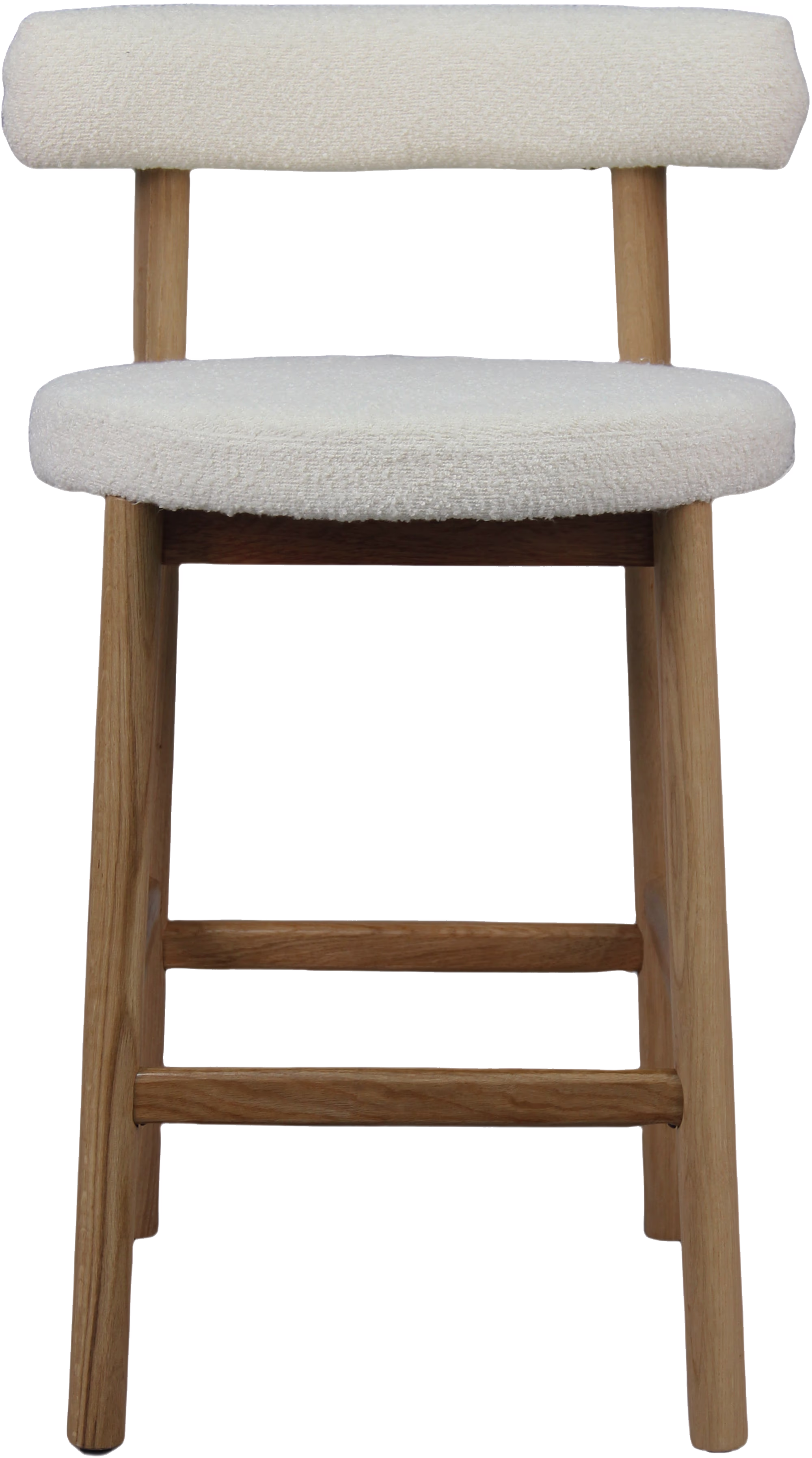 Close-up of the natural oak legs and footrest of Merida bar stool with white teddy upholstered seat