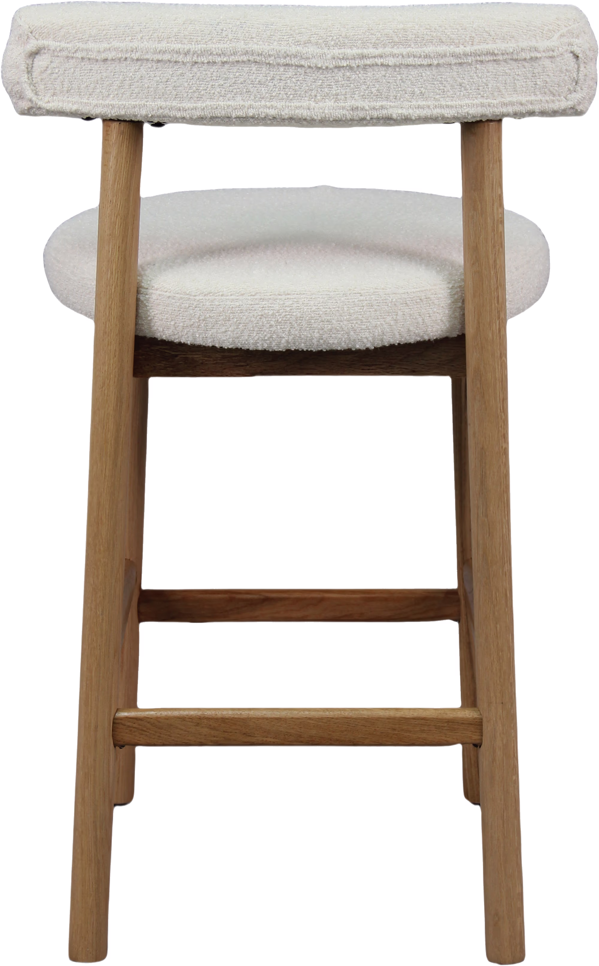Merida bar stool in natural oak and natural white teddy fabric, highlighting curved backrest