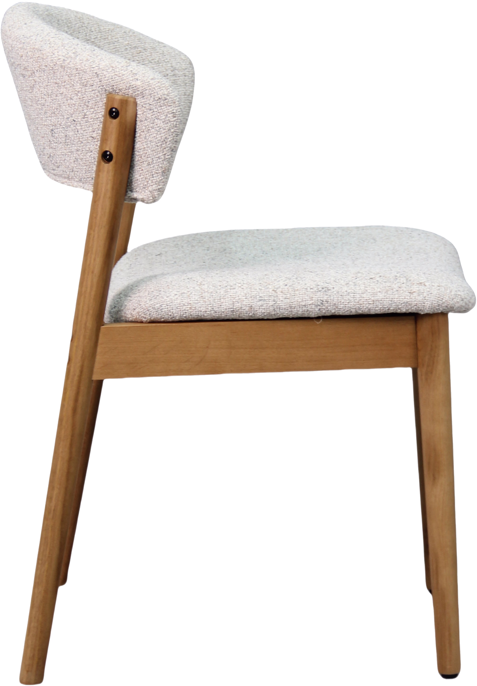 Front view showing plush beige fabric and contoured oak legs of Niela dining chair