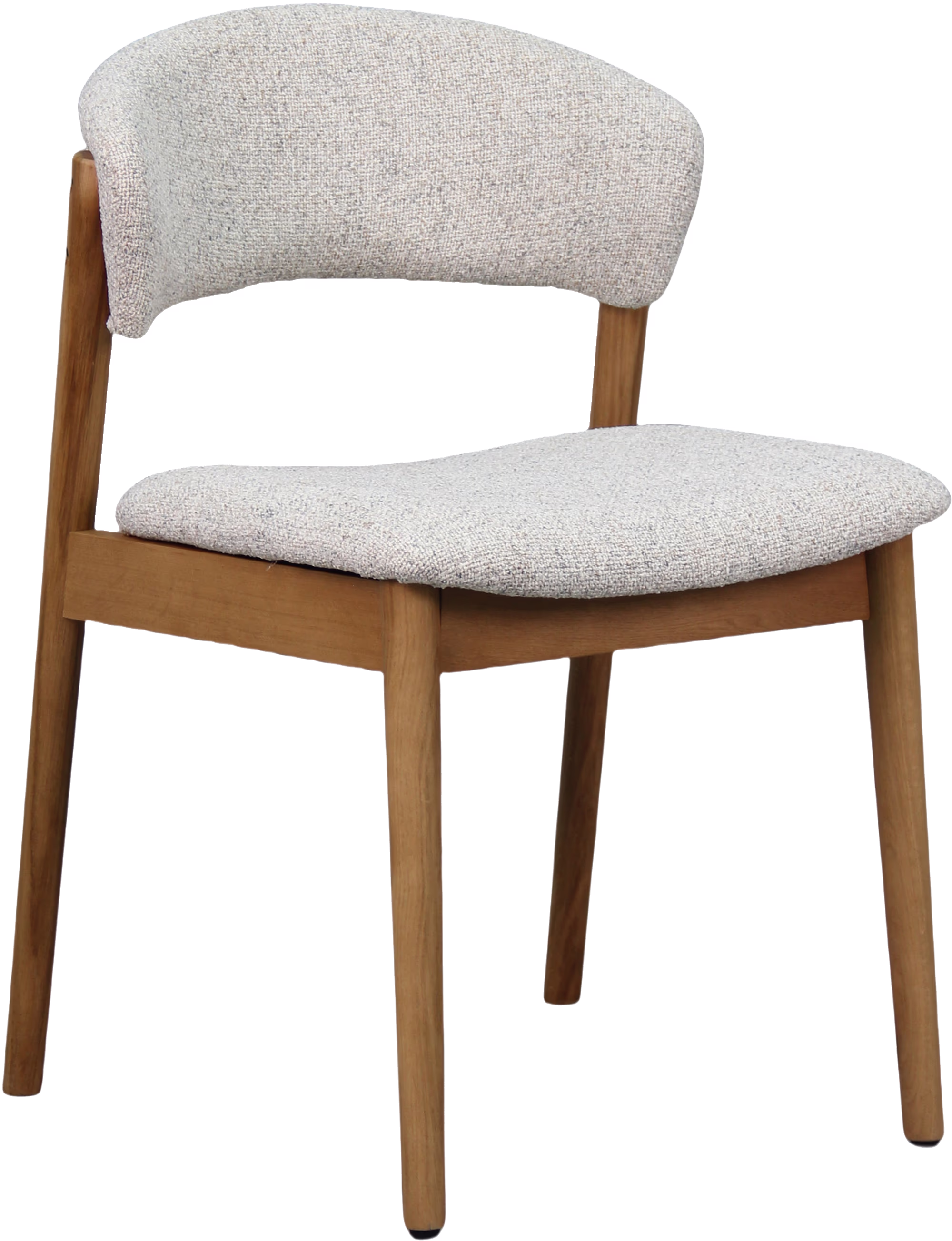 Niela dining chair positioned next to a dining table showcasing natural oak and beige fabric elegance