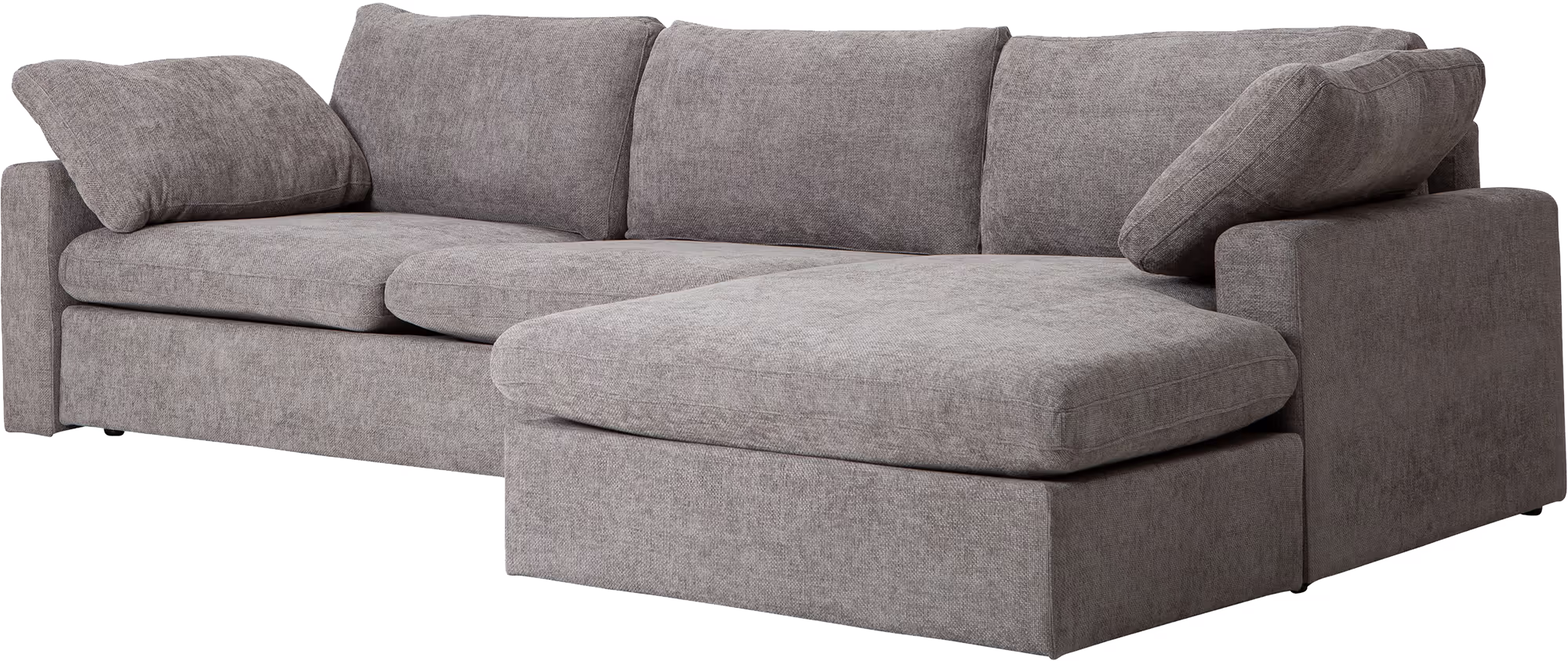 Close-up of the comfortable fabric texture on the Heaven grey chaise sofa.