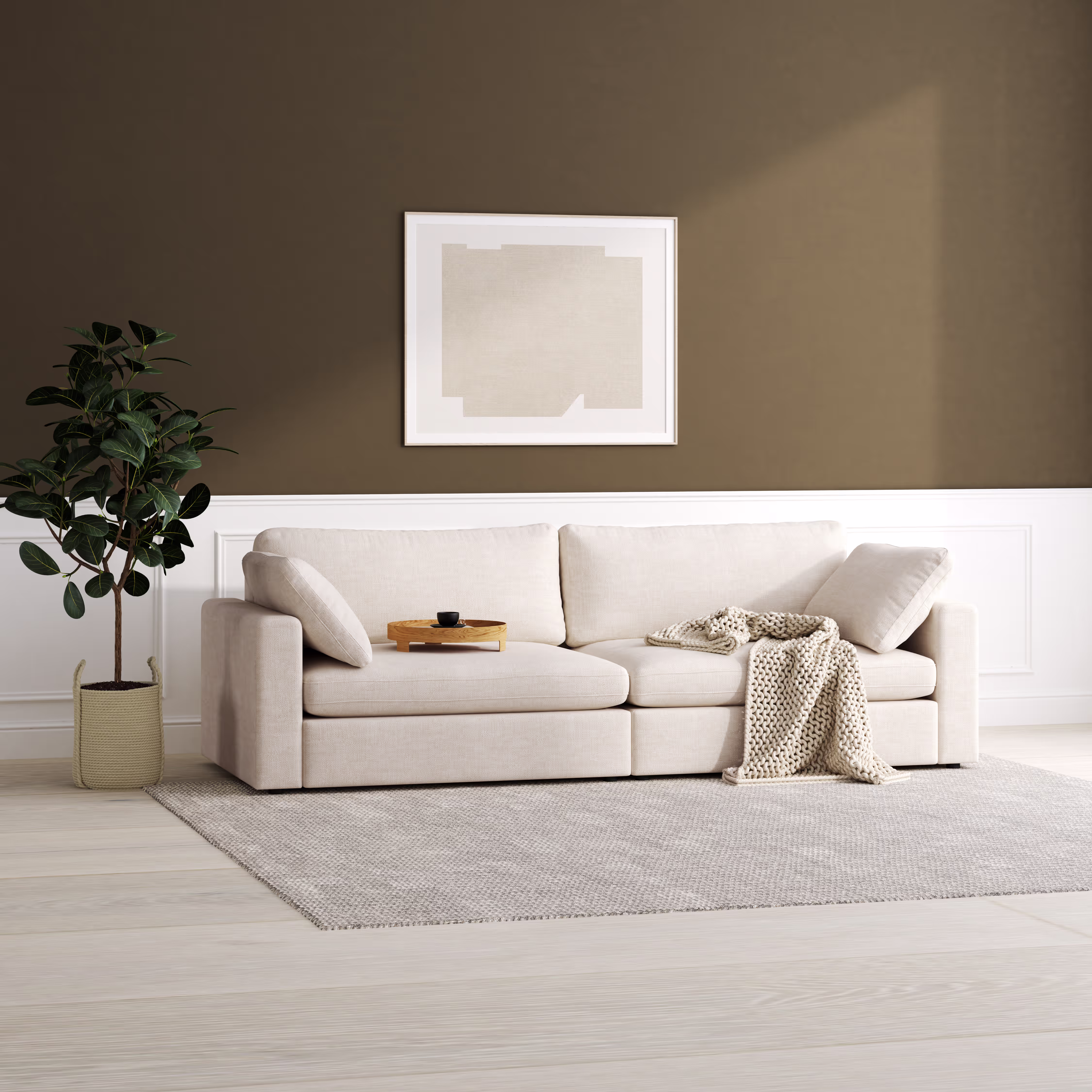 Heaven beige sofa viewed from above, displaying seating arrangement and fabric texture