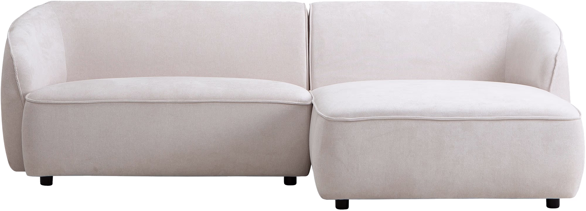 Joy chaise sofa right, with three seats and chaise lounge extension in bright white fabric