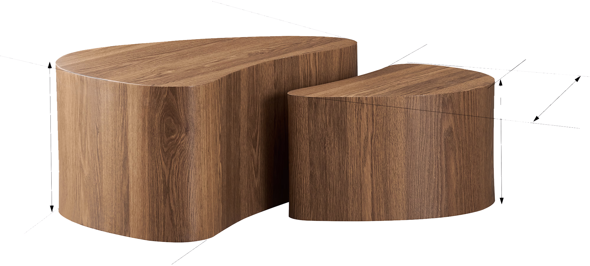 Two tables from Island series displayed separately, highlighting the asymmetrical design and practical stacking feature