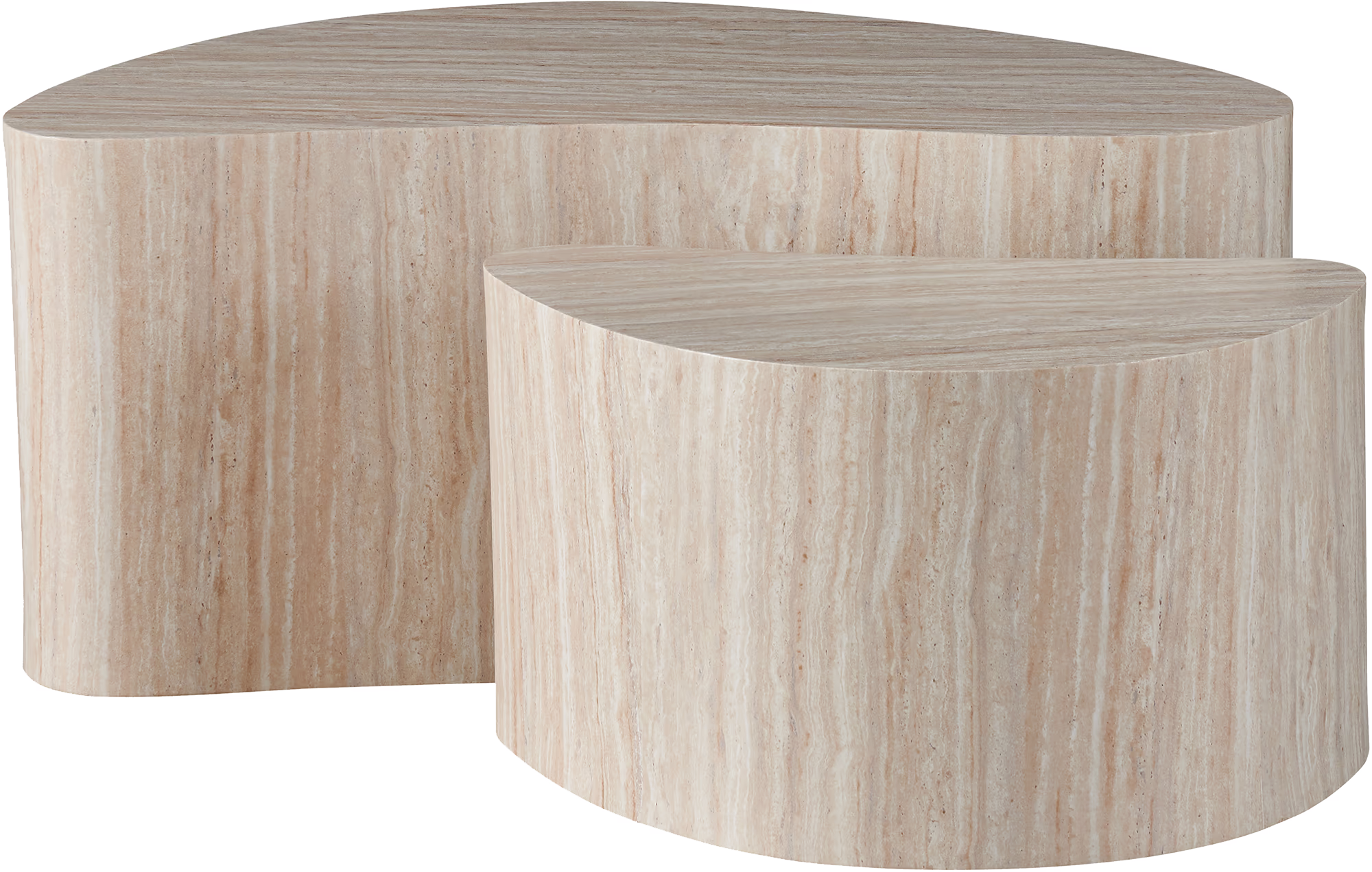Close-up detail of the beige woodgrain finish on the larger table from the Island series.