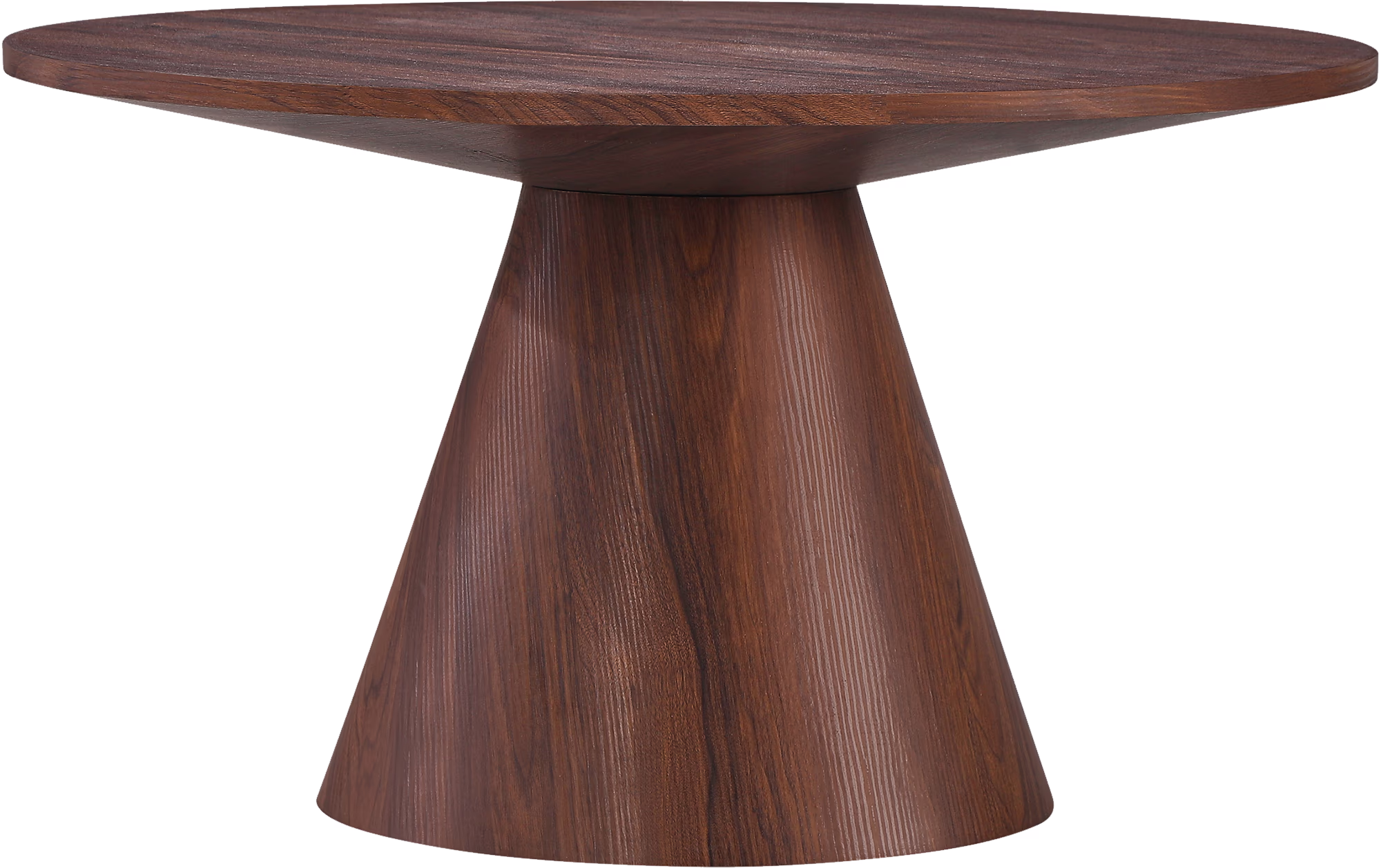 Islet coffee table showcasing its sturdy yet elegant round design in walnut finish from an overhead angle.