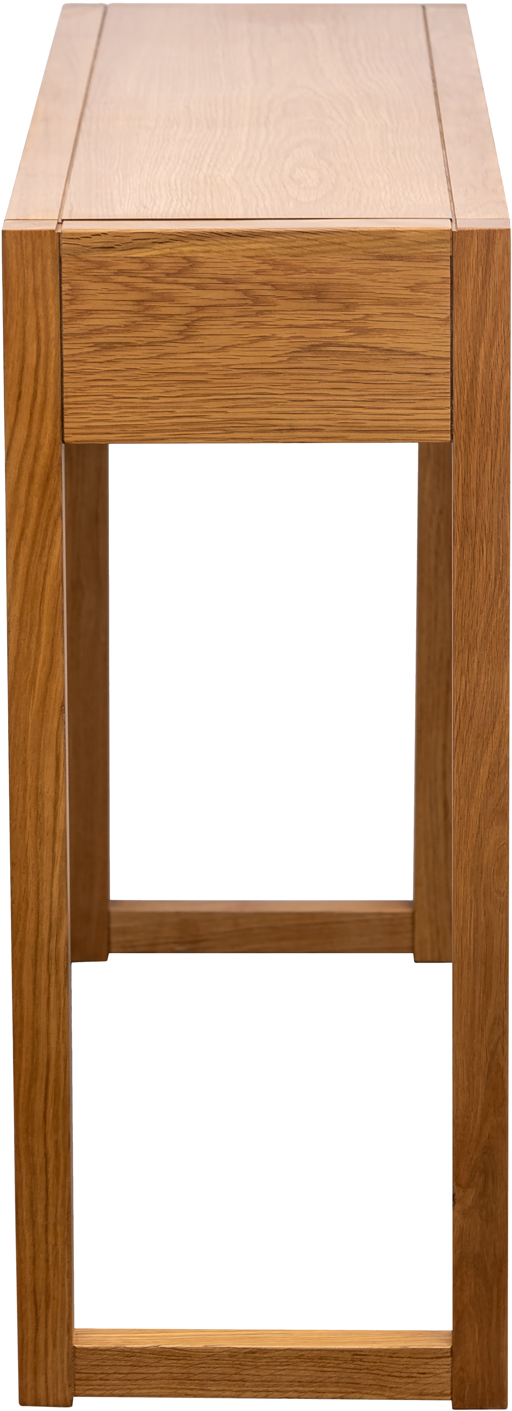 Close-up of the oak console table drawers with minimalist handles, highlighting wood grain