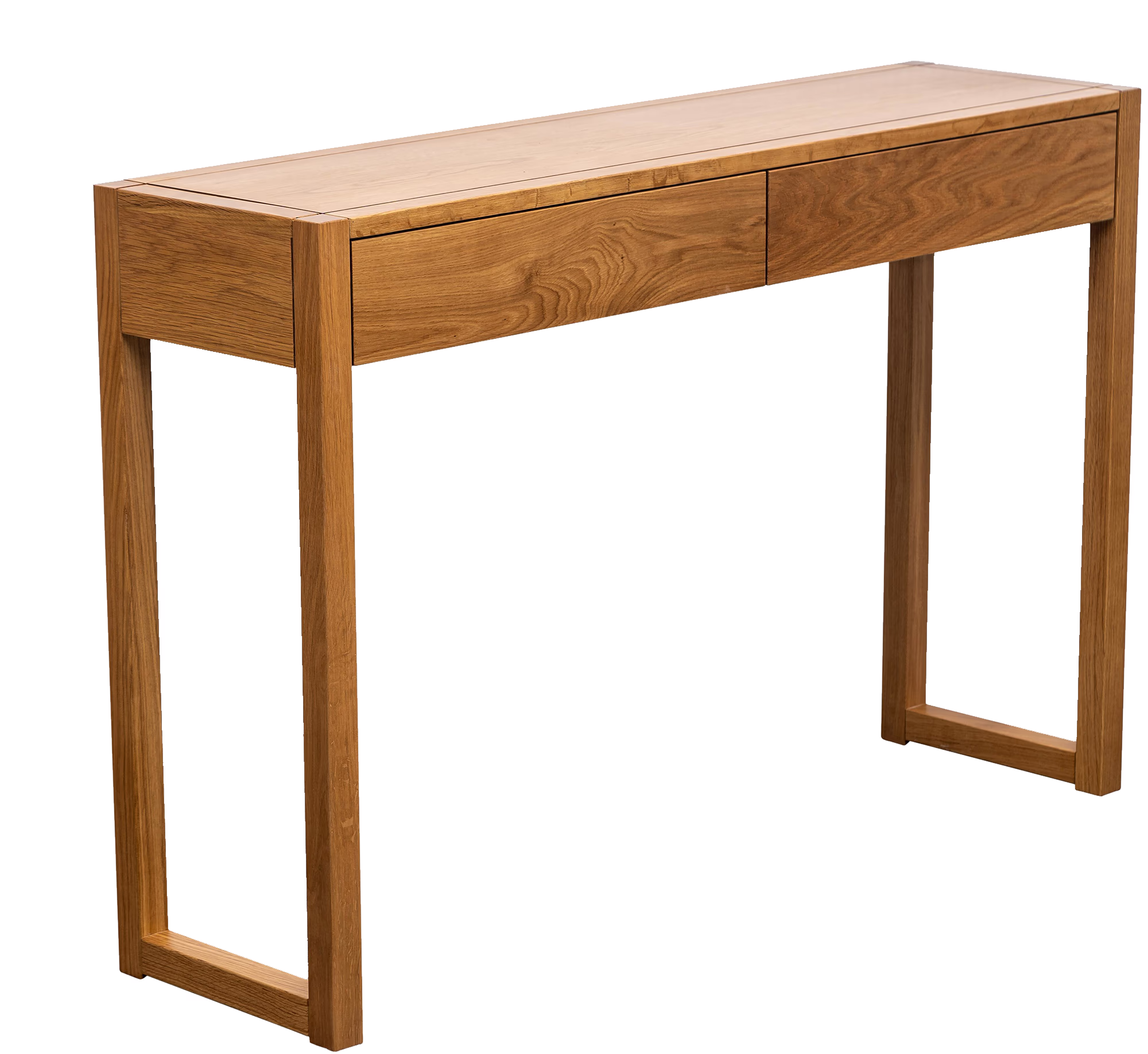 Detailed image of the natural oak grain texture on the console table surface