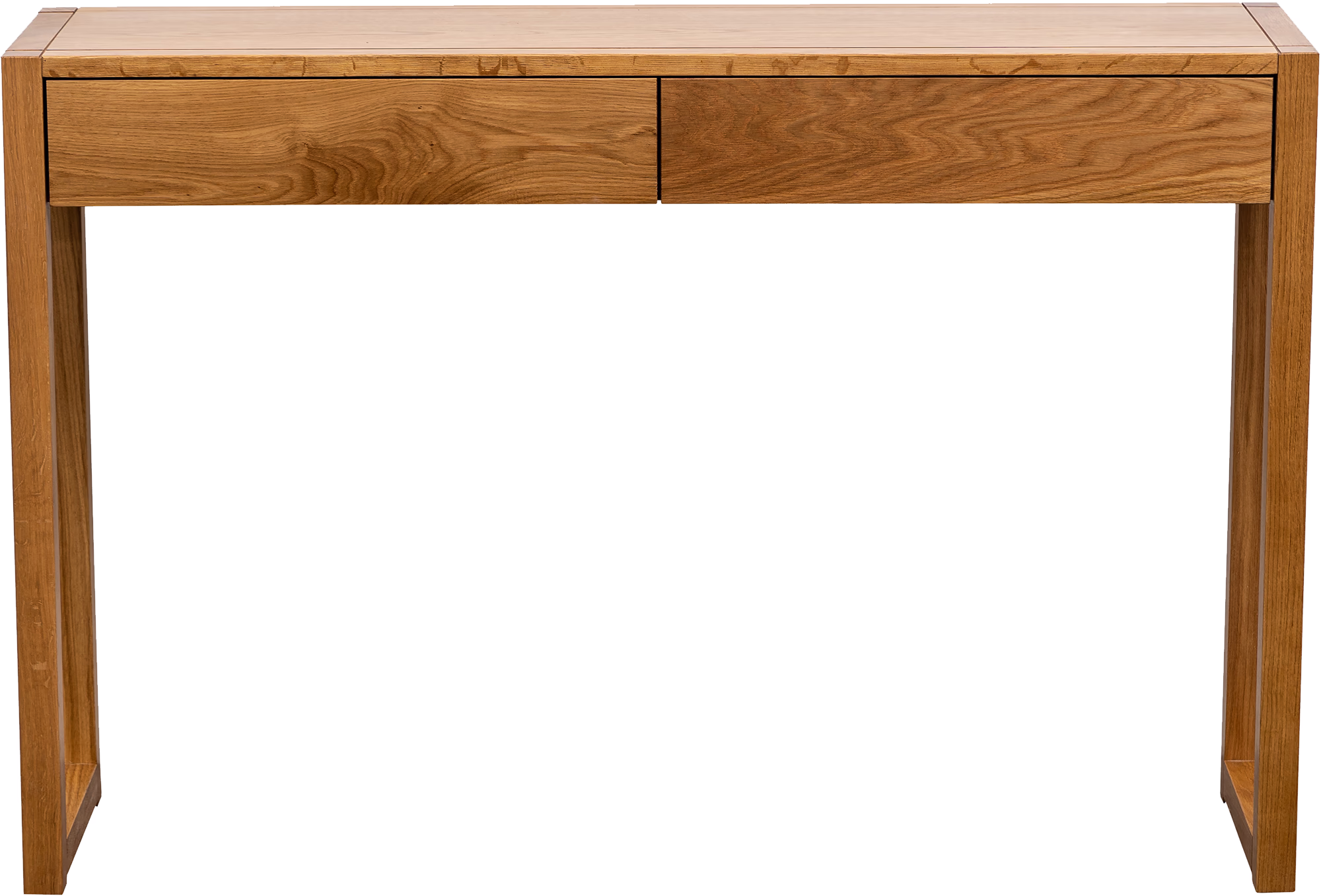Oak console table with natural oak finish shown in a hallway setting