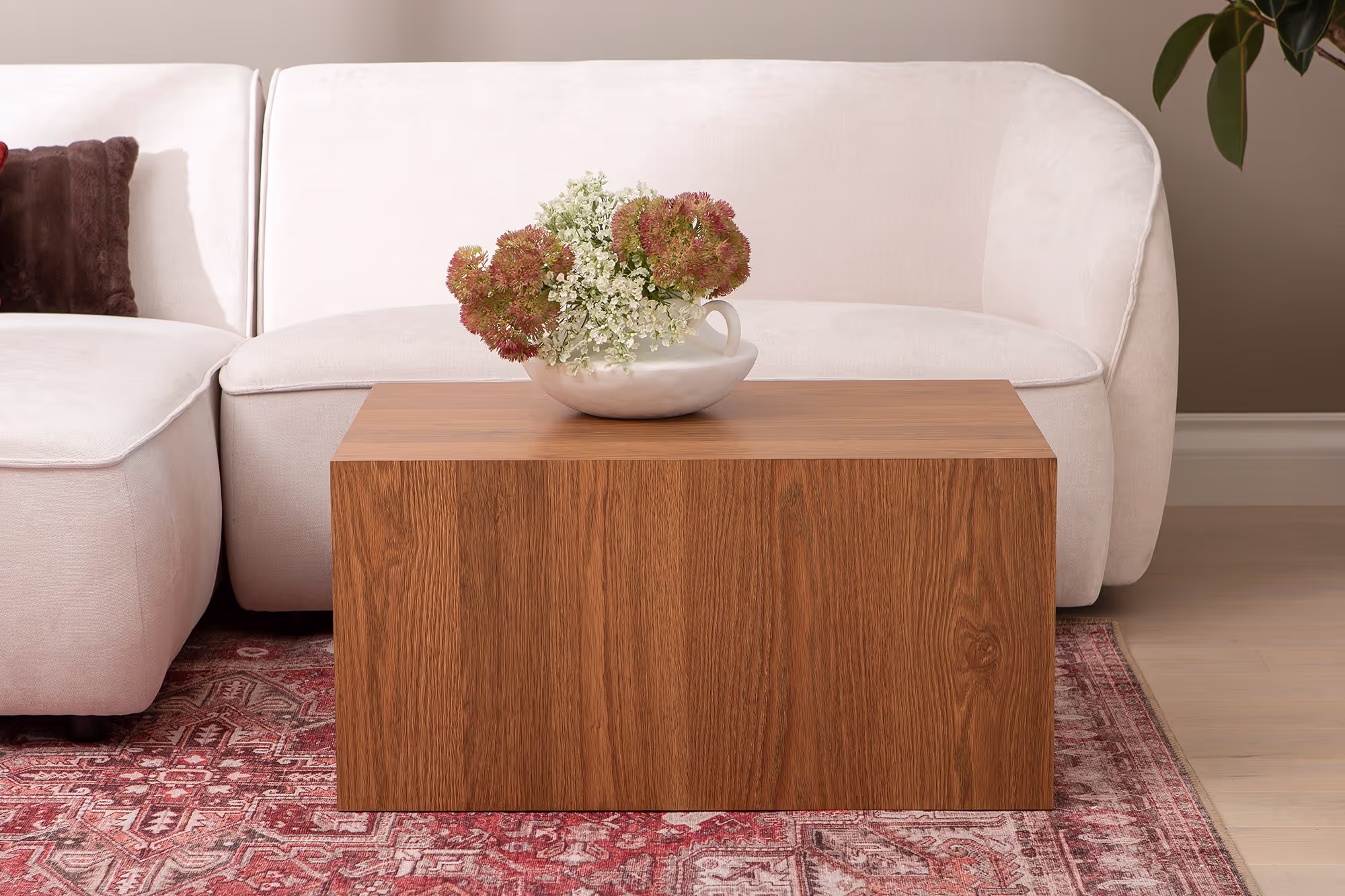 Close-up of the American walnut surface of Reef coffee table with natural wood grain