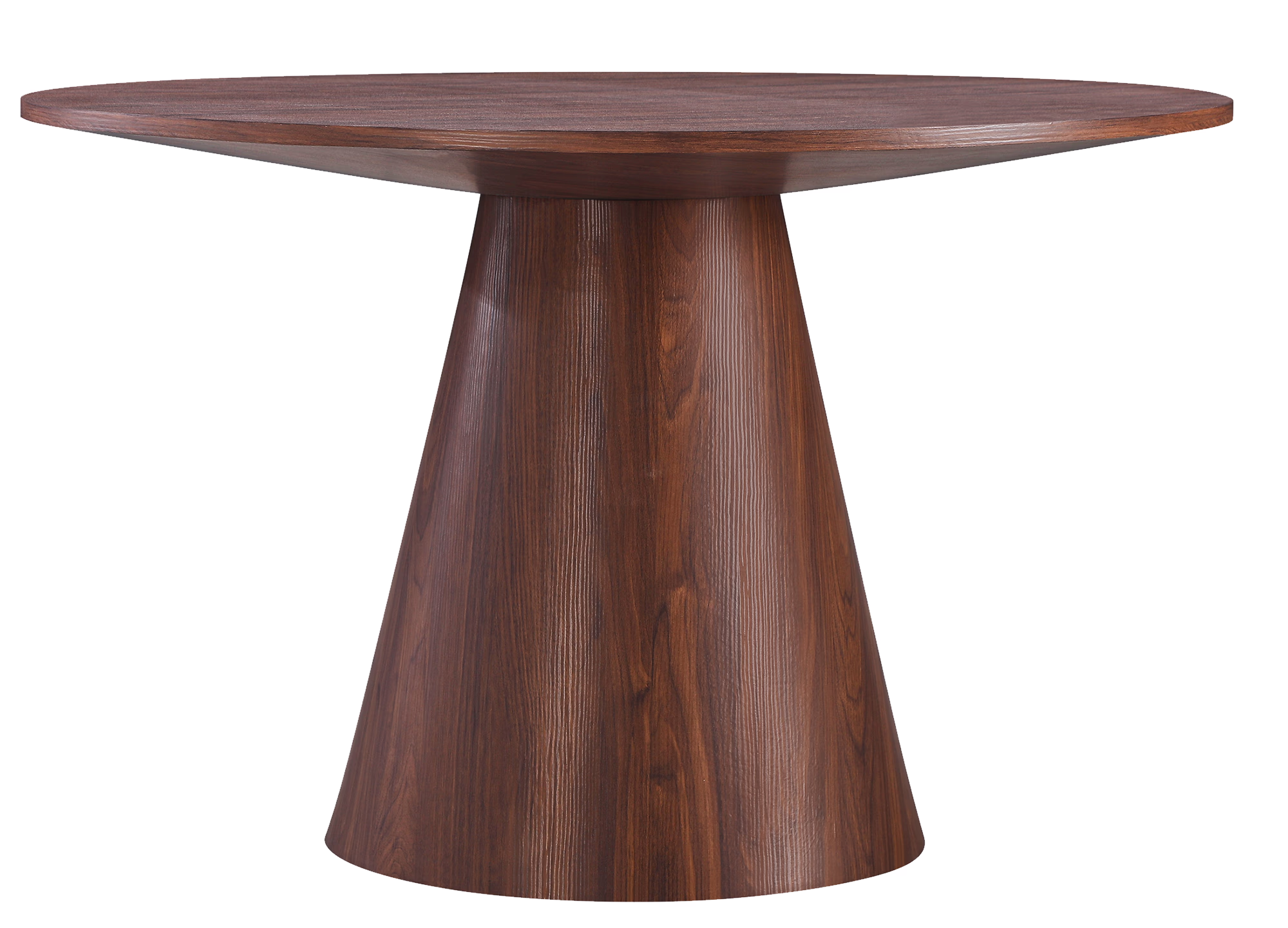 Islet round dining table with light gray painted legs and walnut colored MDF top, perfect for modern interiors